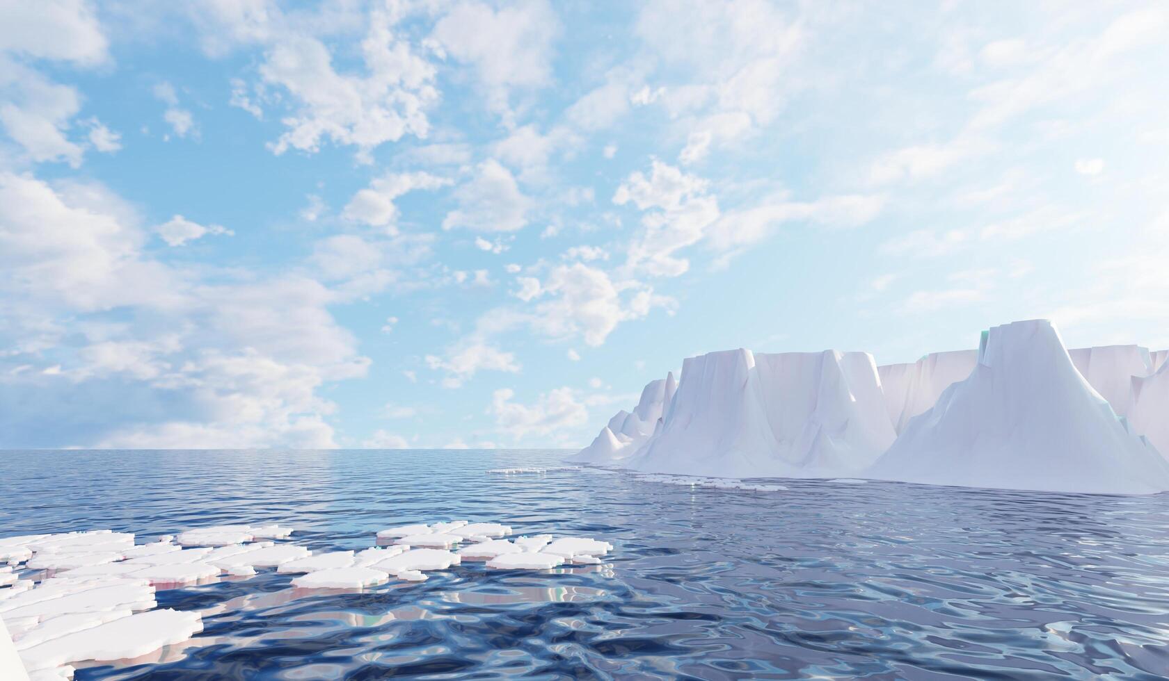 Iceberg at the North Pole, Melting Ice Sheet, Vast Natural Landscape in Winter, Antarctica, Snow Covered Iceberg, Frozen Arctic Ocean Surface Background, 3D Illustration photo