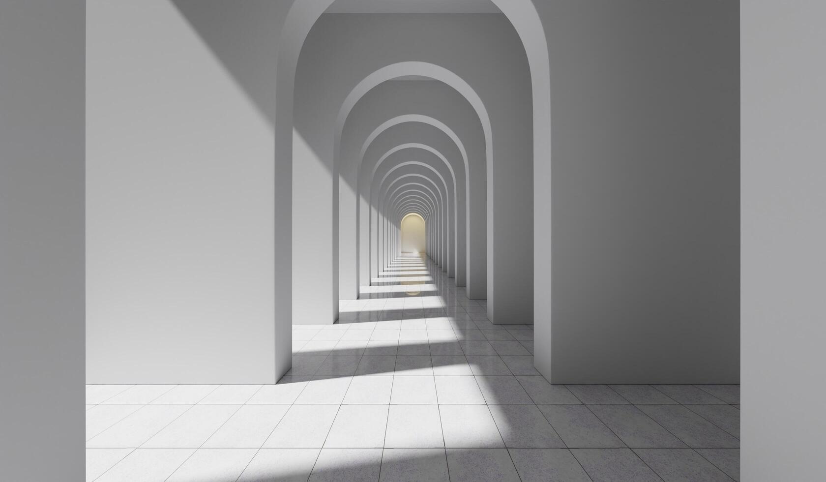 Empty corridor with many white arches in perspective view. Abstract architecture. Archway. Interior design. Step forward. Philosophical classic. Illuminated corridor. 3D illustration photo