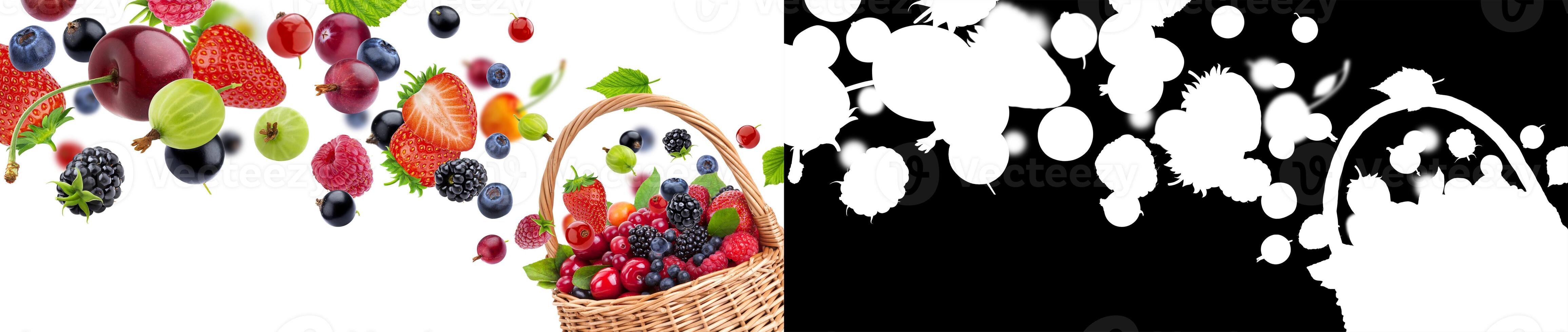 Fresh berries in basket isolated on white background photo