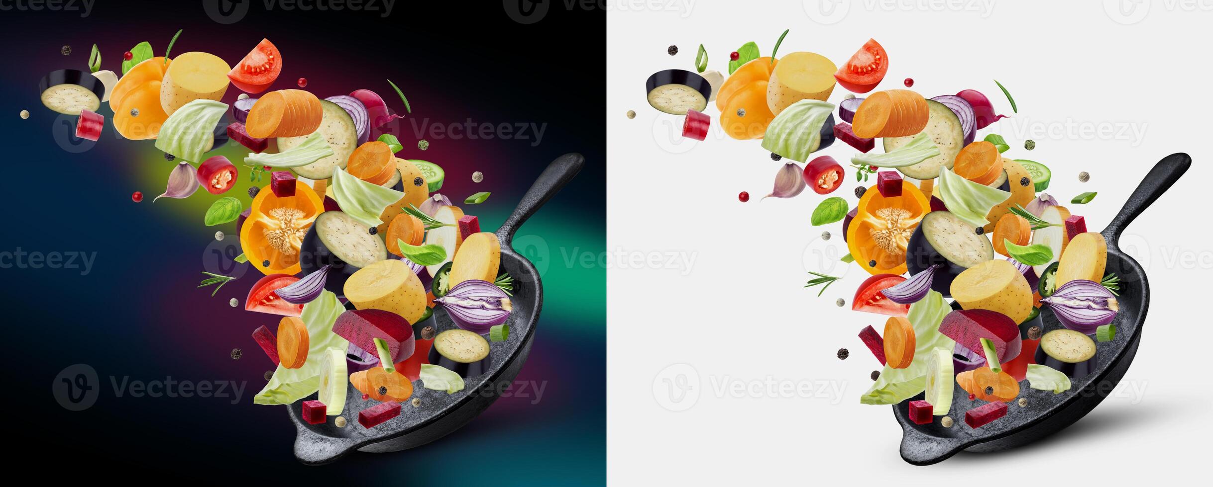 Different vegetables falling into frying pan, mix of sliced food photo