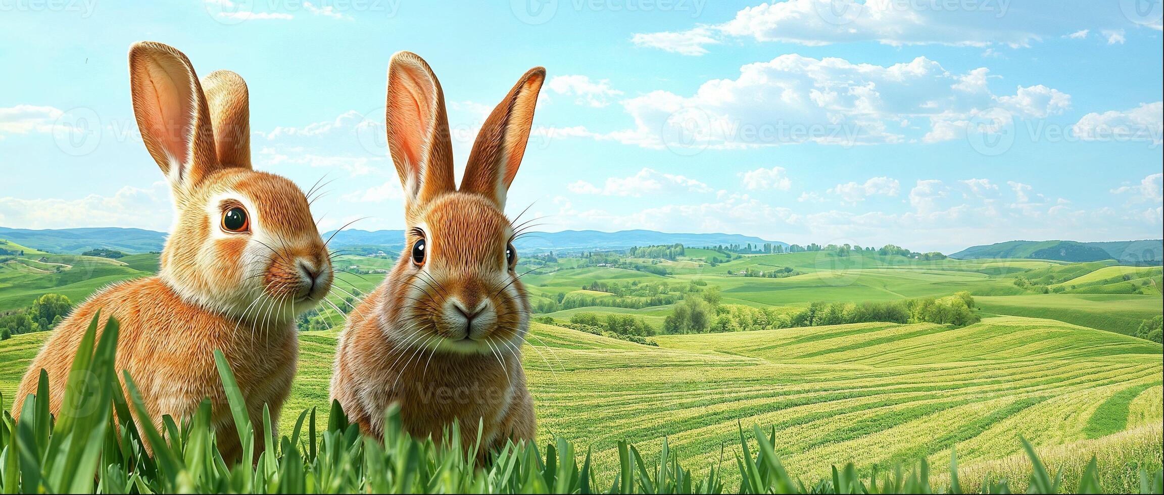 Two cute rabbits on green meadow, rural farm landscape background with copy space photo