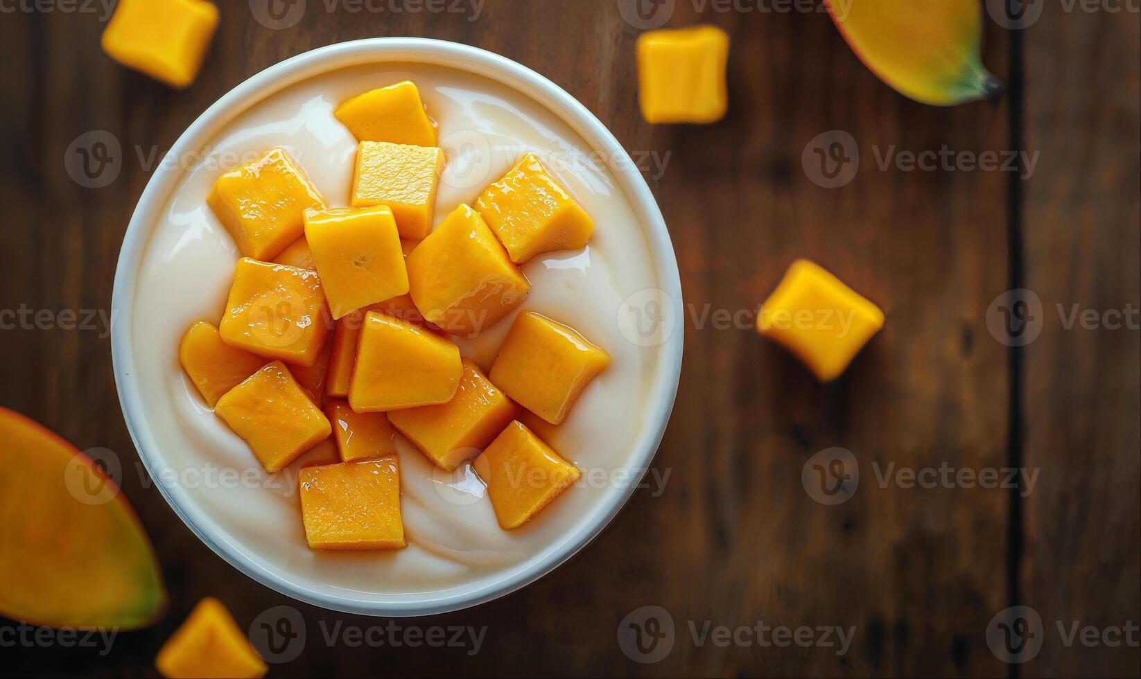 Yogurt with mango pieces on wooden background, top view, hight detailed upscaled image photo