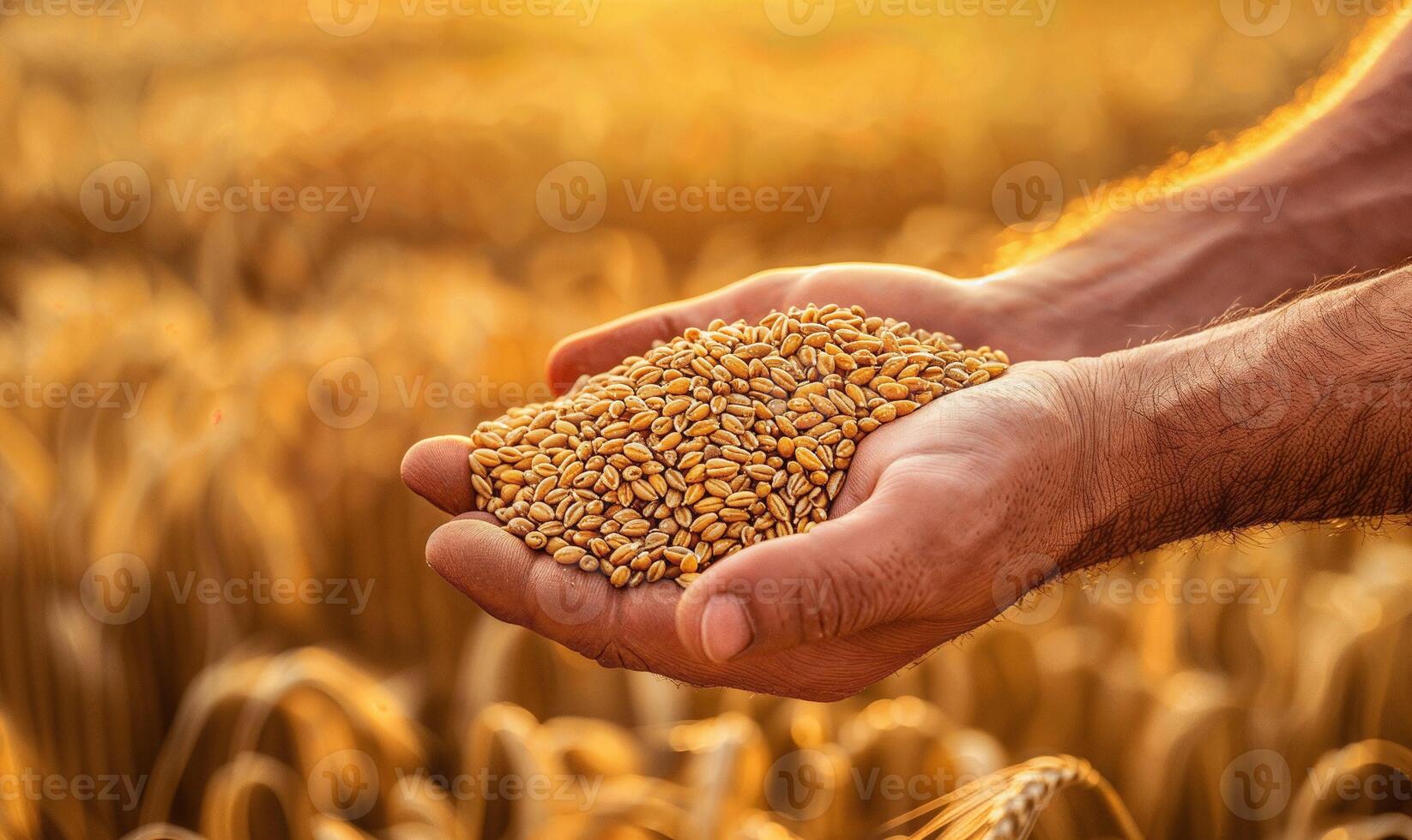 Close up of farmer's hands holding wheat grains with copy space, wheat field with golden ears photo