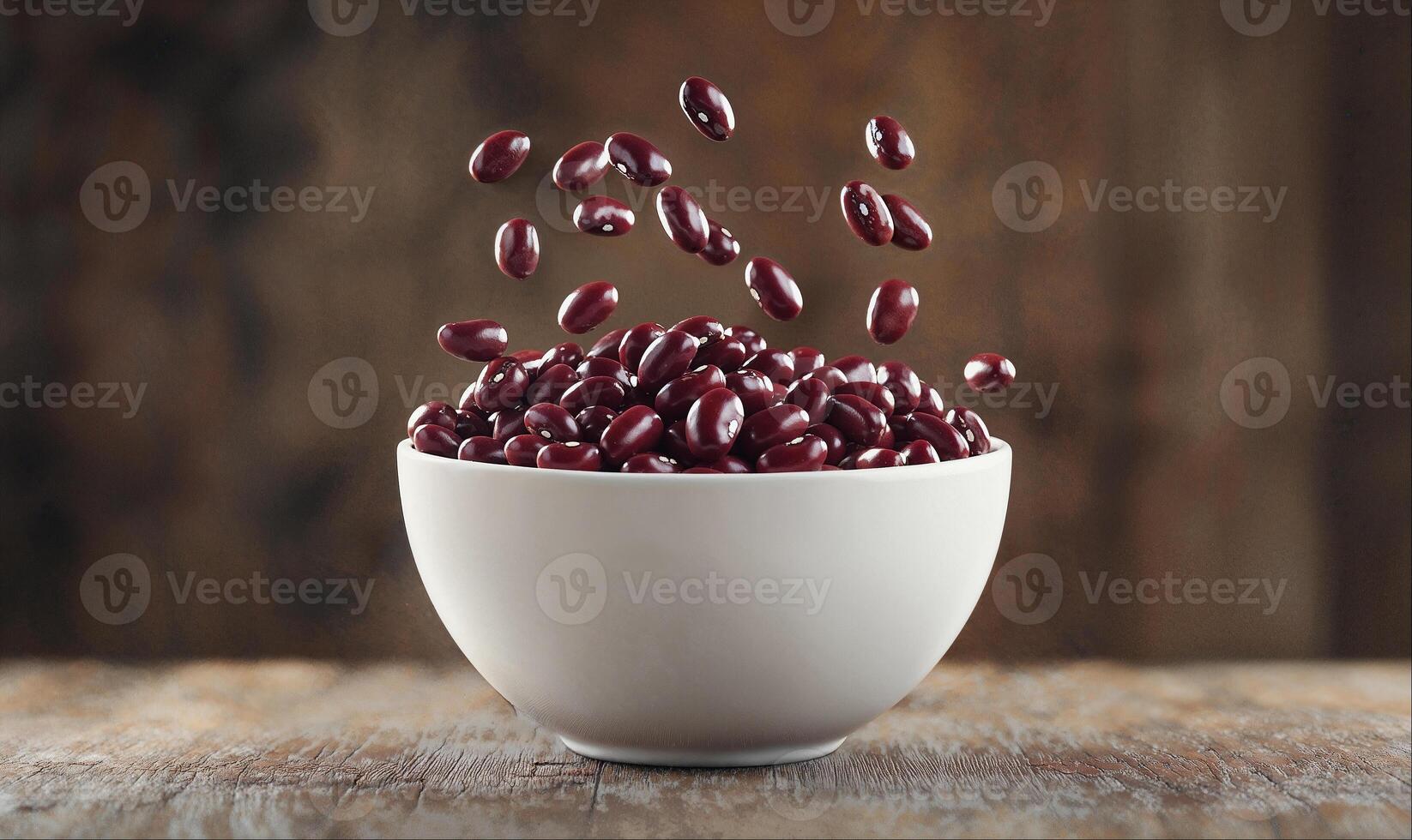 Red beans falling into white bowl on rustic wooden background, hight detailed upscaled image photo