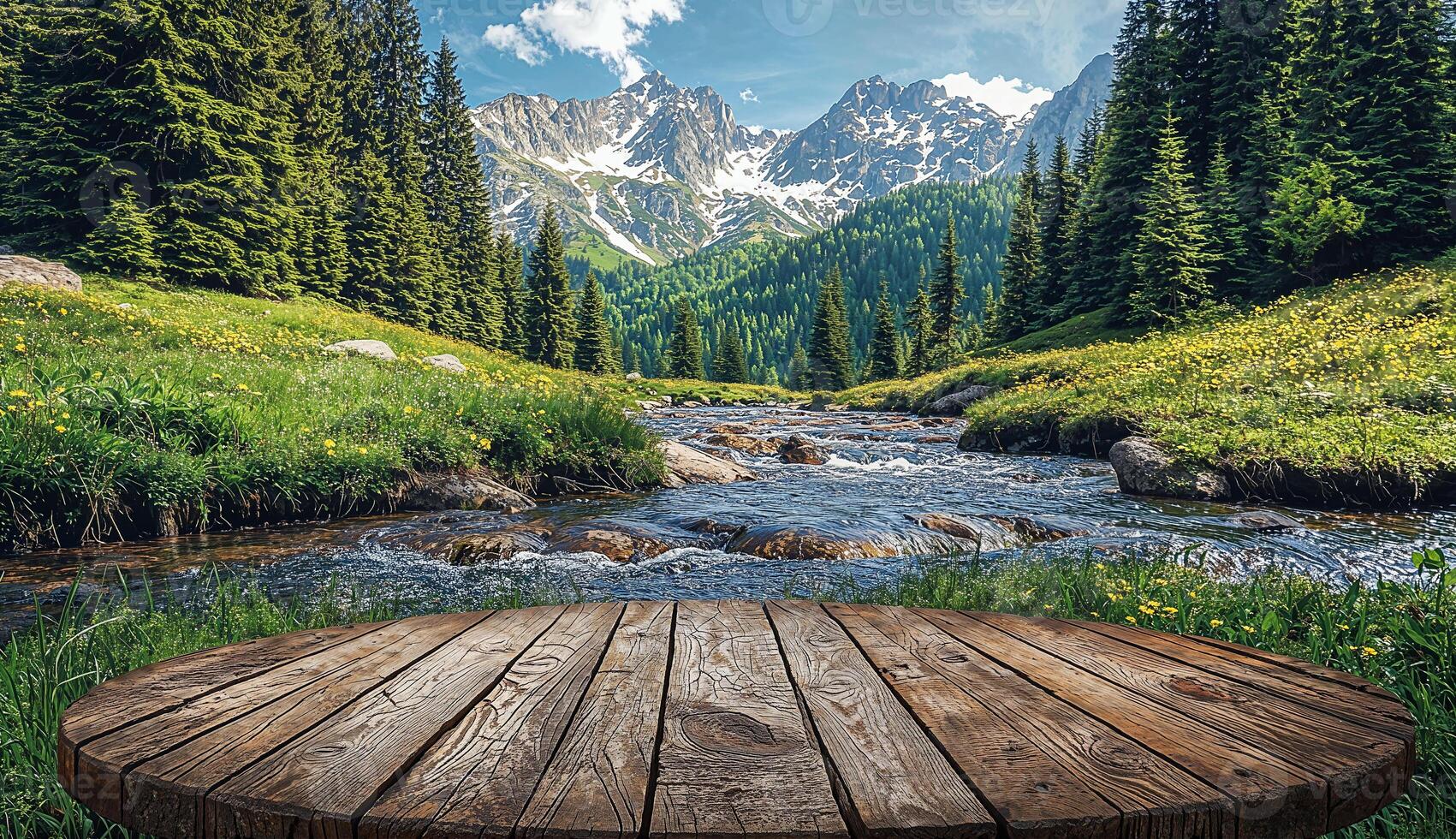 Round wooden table, mountain river flowing through a green mountain landscape, green meadows and snowy rocks background photo