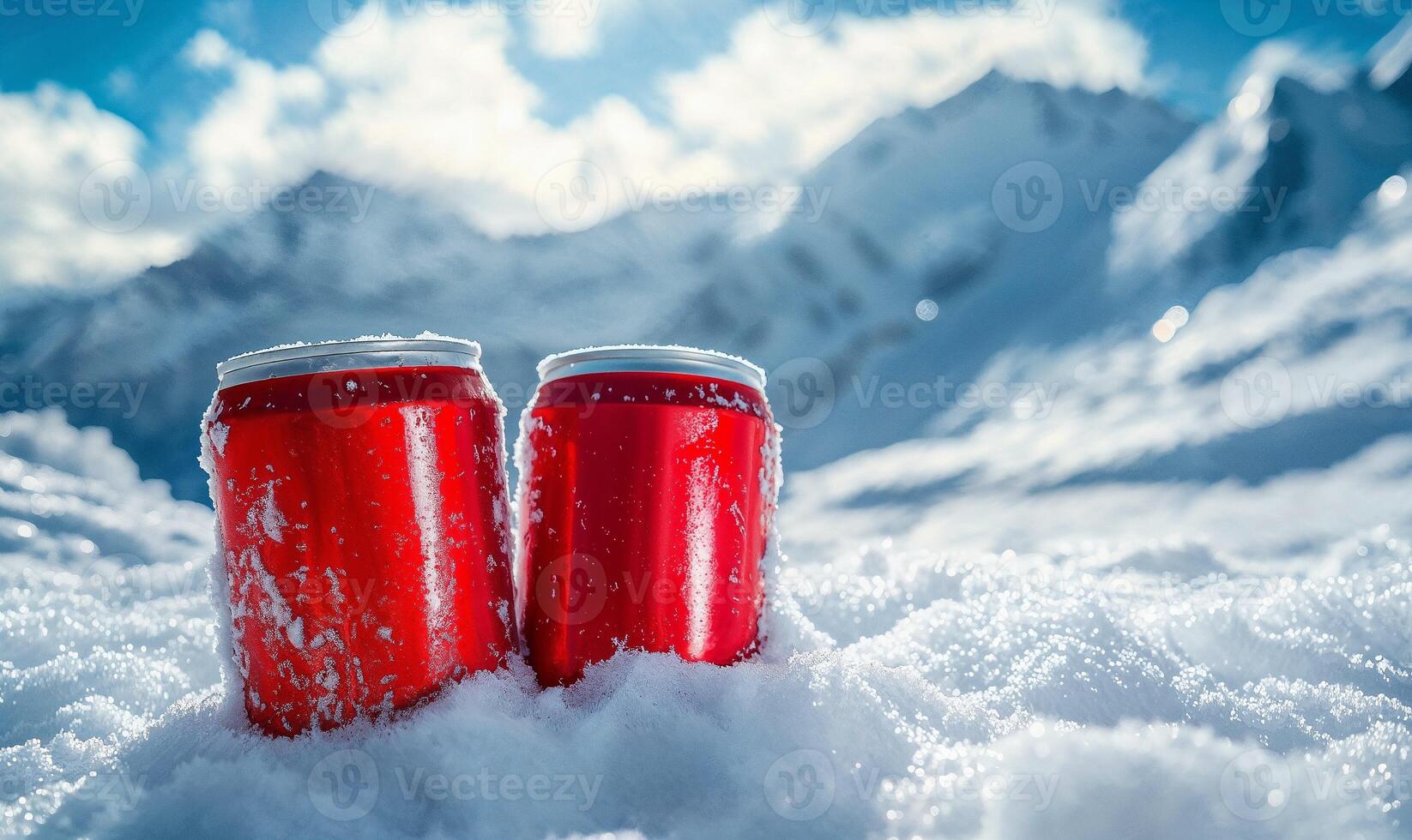 Blank aluminum can in snowdrift, winter background with copy space photo