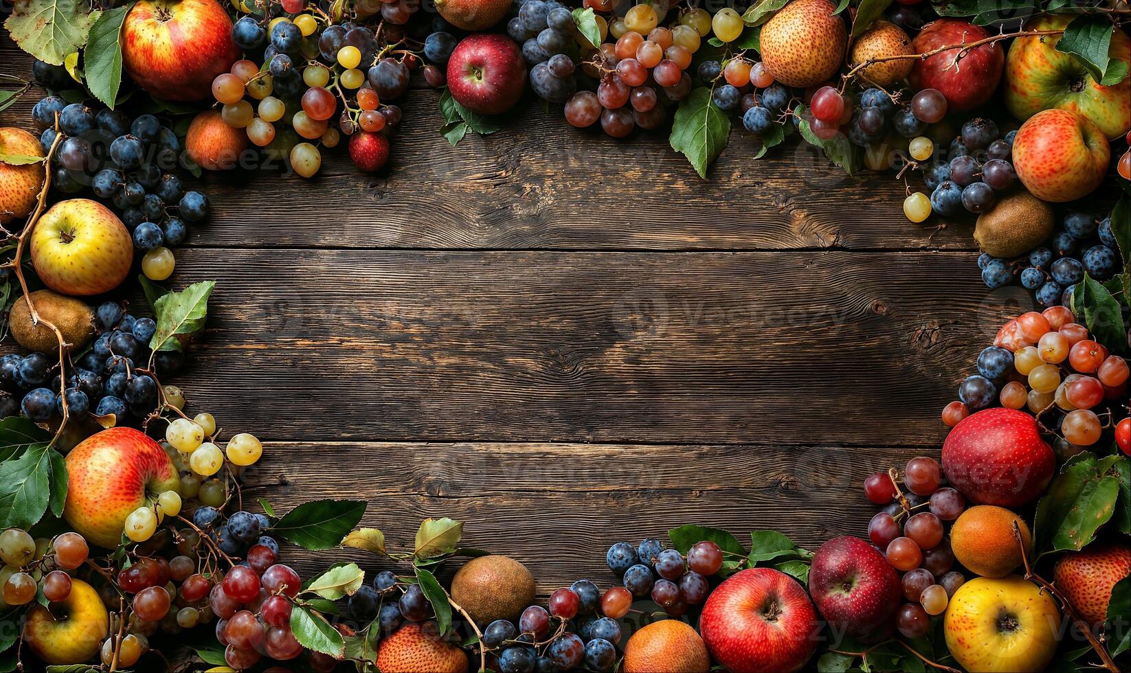 Empty wooden table with different fruits and berries, frame top view with copy space photo