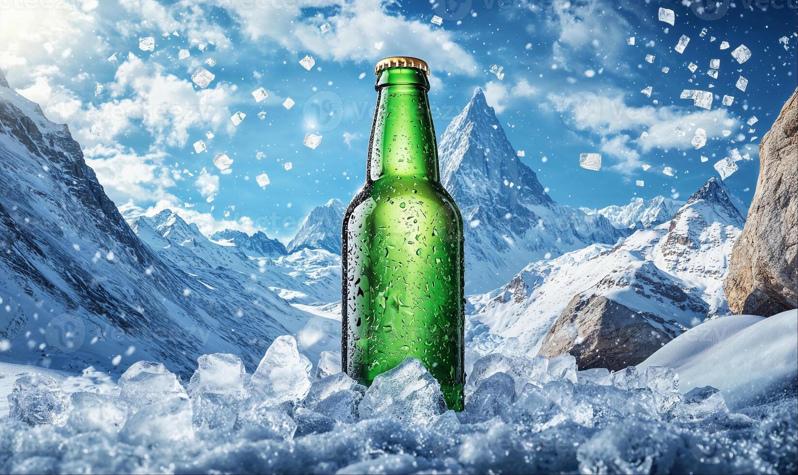 One green beer bottle on ice, snowy mountains background with copy space photo