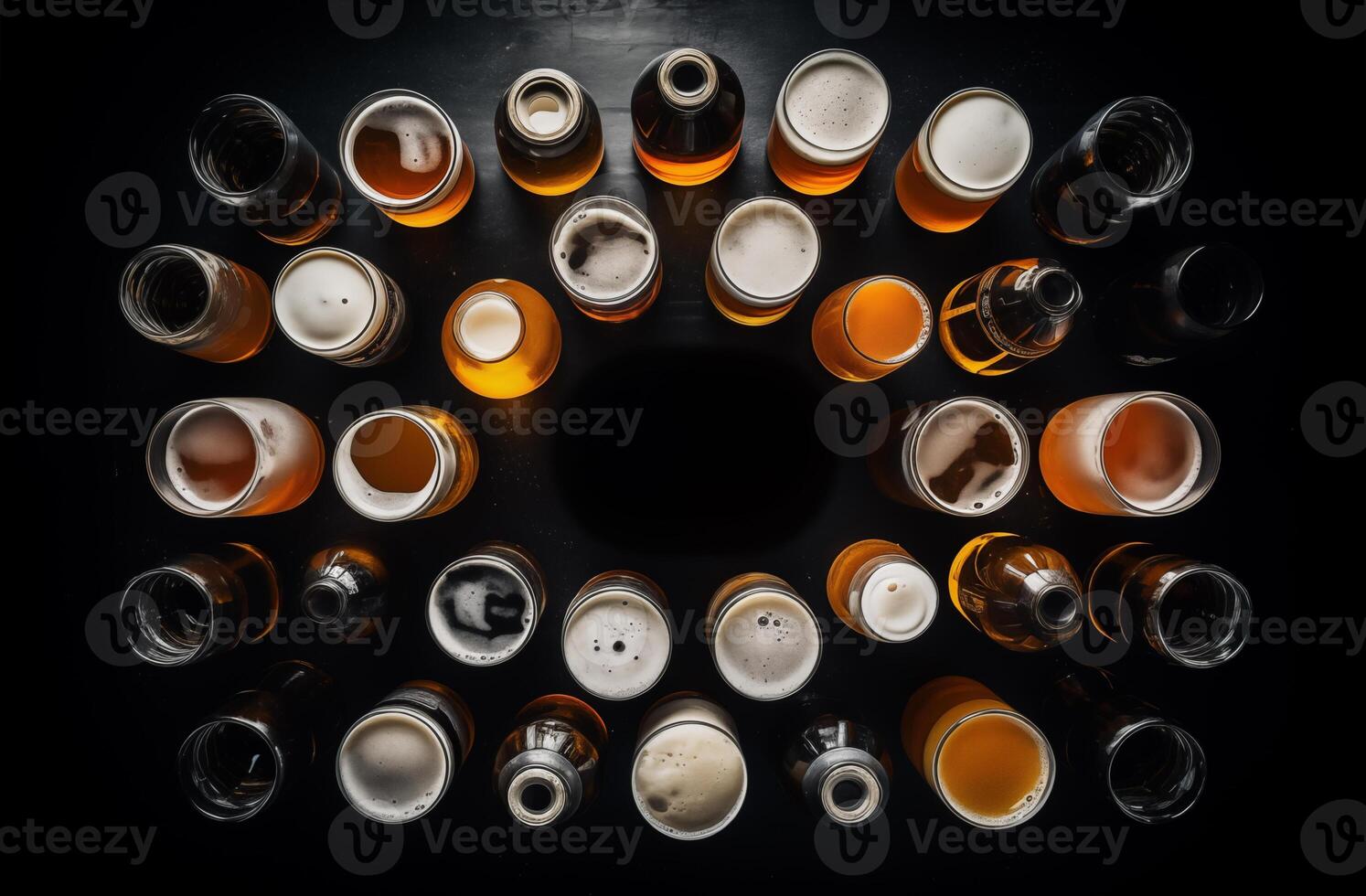 Different types of beer isolated on black background, top view photo