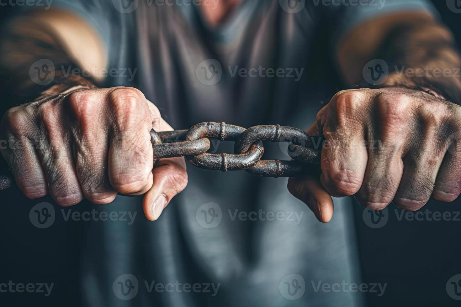 Person breaking chains freedom equality personal strength motivation self-education self-improvement power torn chain free mind release revolt revolution independence and determination photo