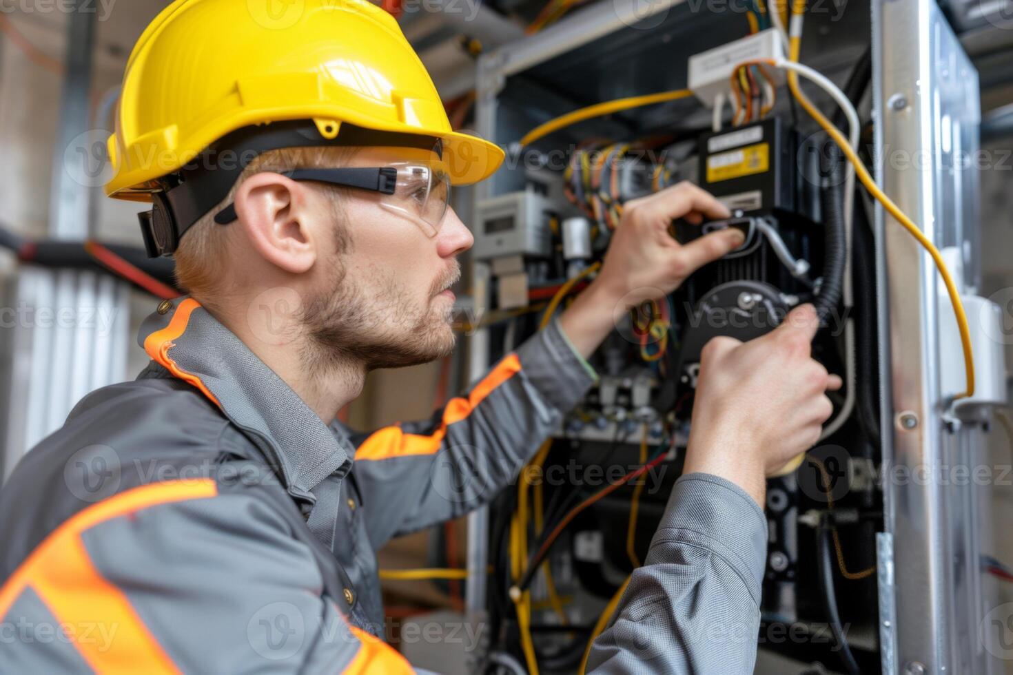 Engineer installing electric equipment electrician fixing electricity change skilled expert professional repair adult wires working renovation expert work DIY ladder expertise technician photo