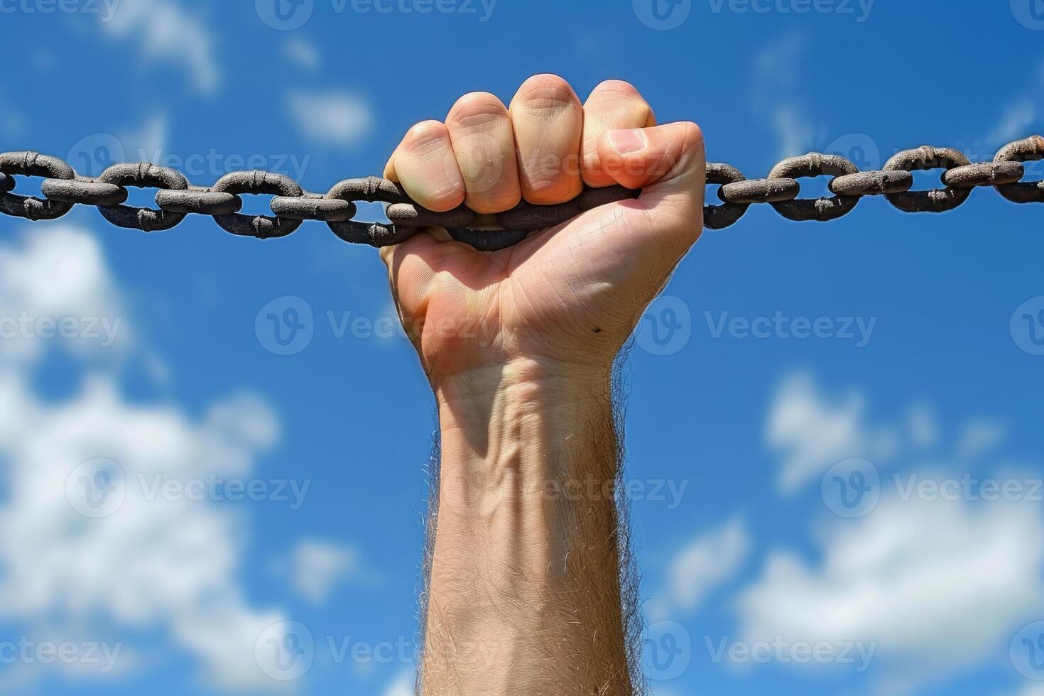 Person breaking chains freedom equality personal strength motivation self-education self-improvement power torn chain free mind release revolt revolution independence and determination photo