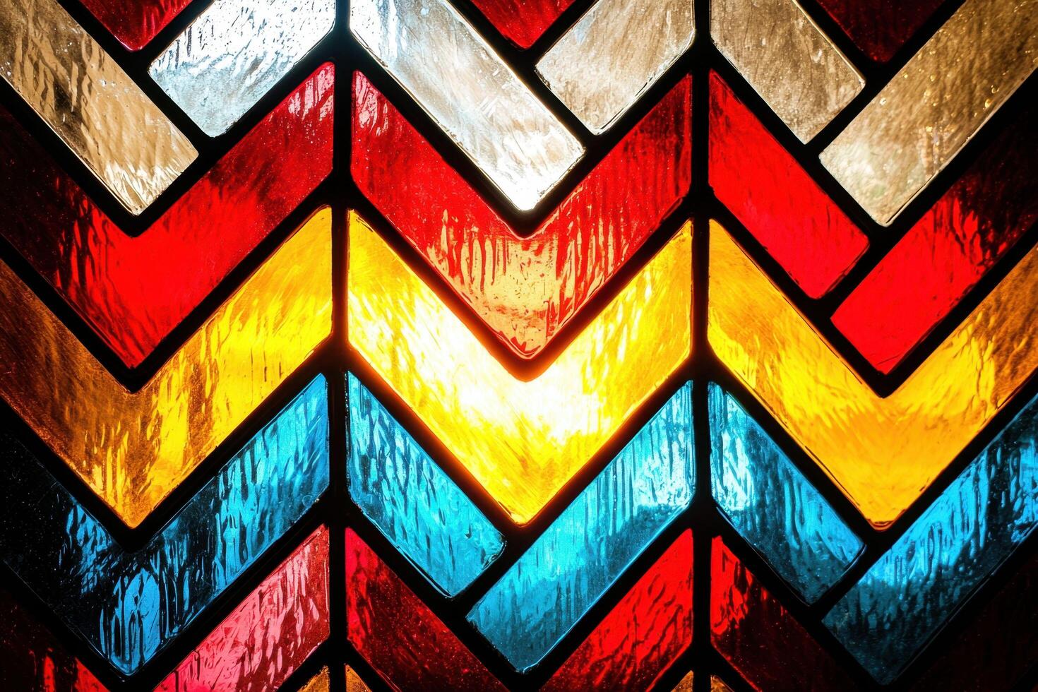 This stained glass design showcases a dynamic chevron pattern, with alternating colors that create a visually stunning interplay of light and texture, evoking a sense of movement and artistic elegance photo