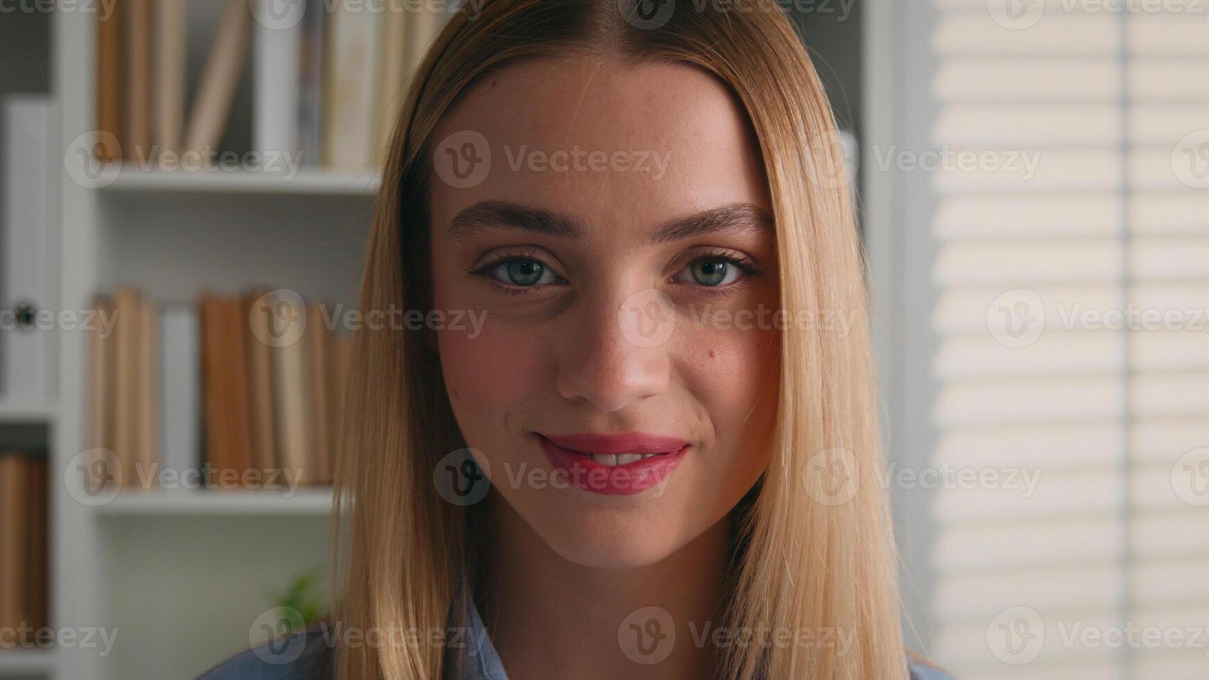 Close up beautiful female face Caucasian young woman with closed eyes attractive client customer ophthalmology service business lady businesswoman corporate office looking at camera girl home portrait photo
