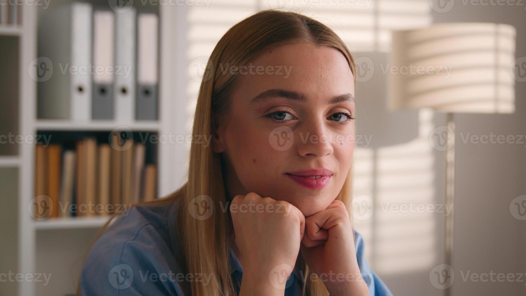 Close up pensive thinking dreaming pensive calm business portrait Caucasian dreamy woman in office looking businesswoman worker female face manager entrepreneur think dream student girl at library photo