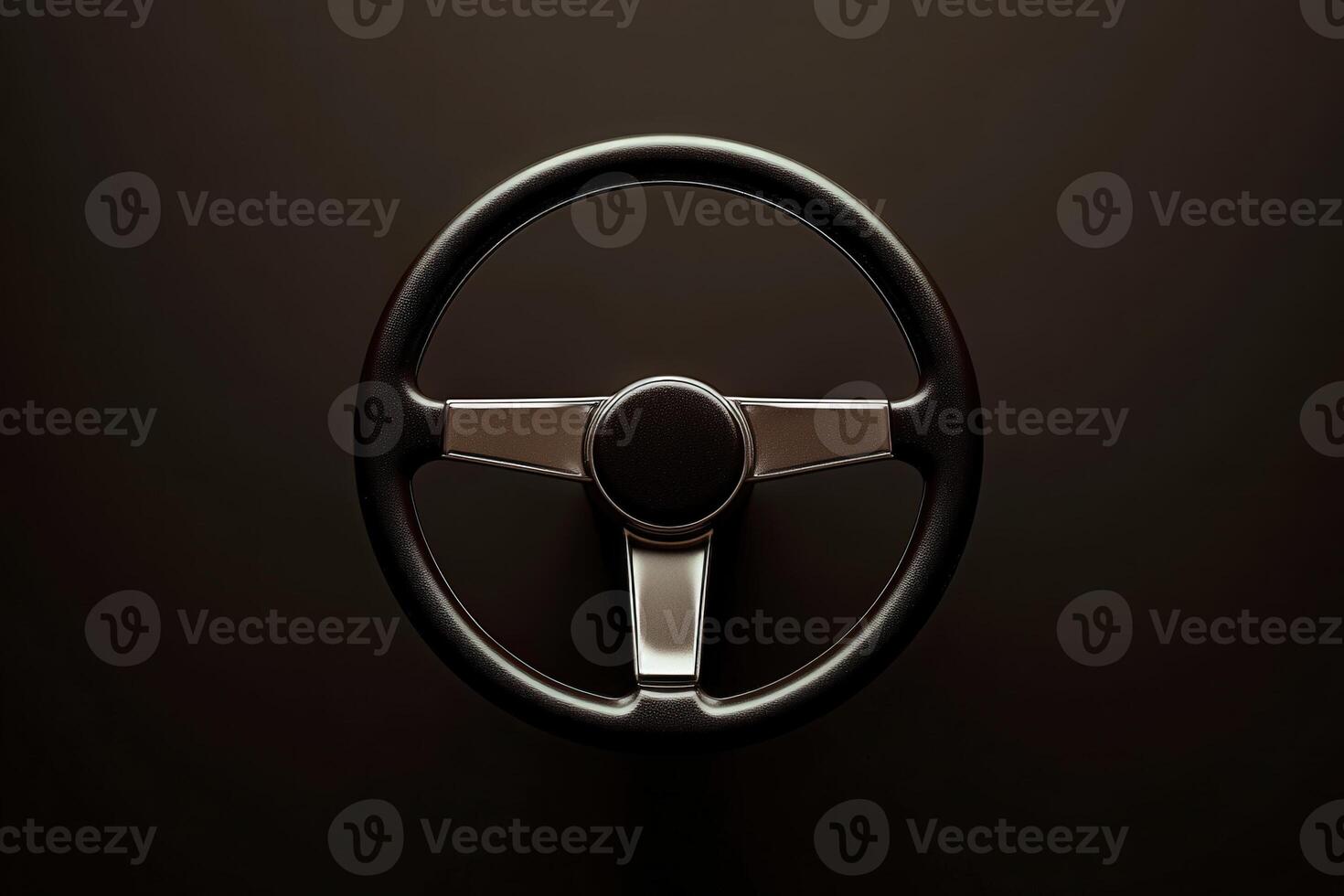 The focus is on an abstract steering wheel featuring a clean and minimalist design. Its sleek lines and glossy finish contrast strikingly with the dark background, emphasizing modern aesthetics. photo