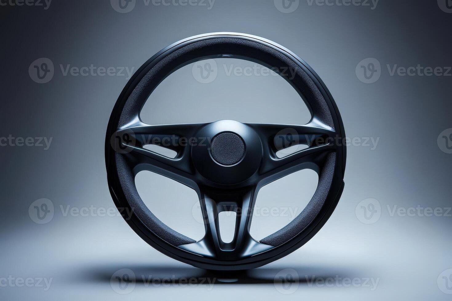This artwork features a clean, minimalist steering wheel design centralized in the frame, highlighting its modern lines and detailing against a dark backdrop, creating a striking visual impact. photo
