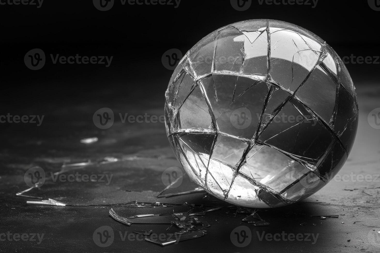 A cracked crystal ball sits alone on a dark background, surrounded by shards of glass that reflect minimal light. The scene evokes a sense of mystery and fragility, hinting at lost clarity. photo