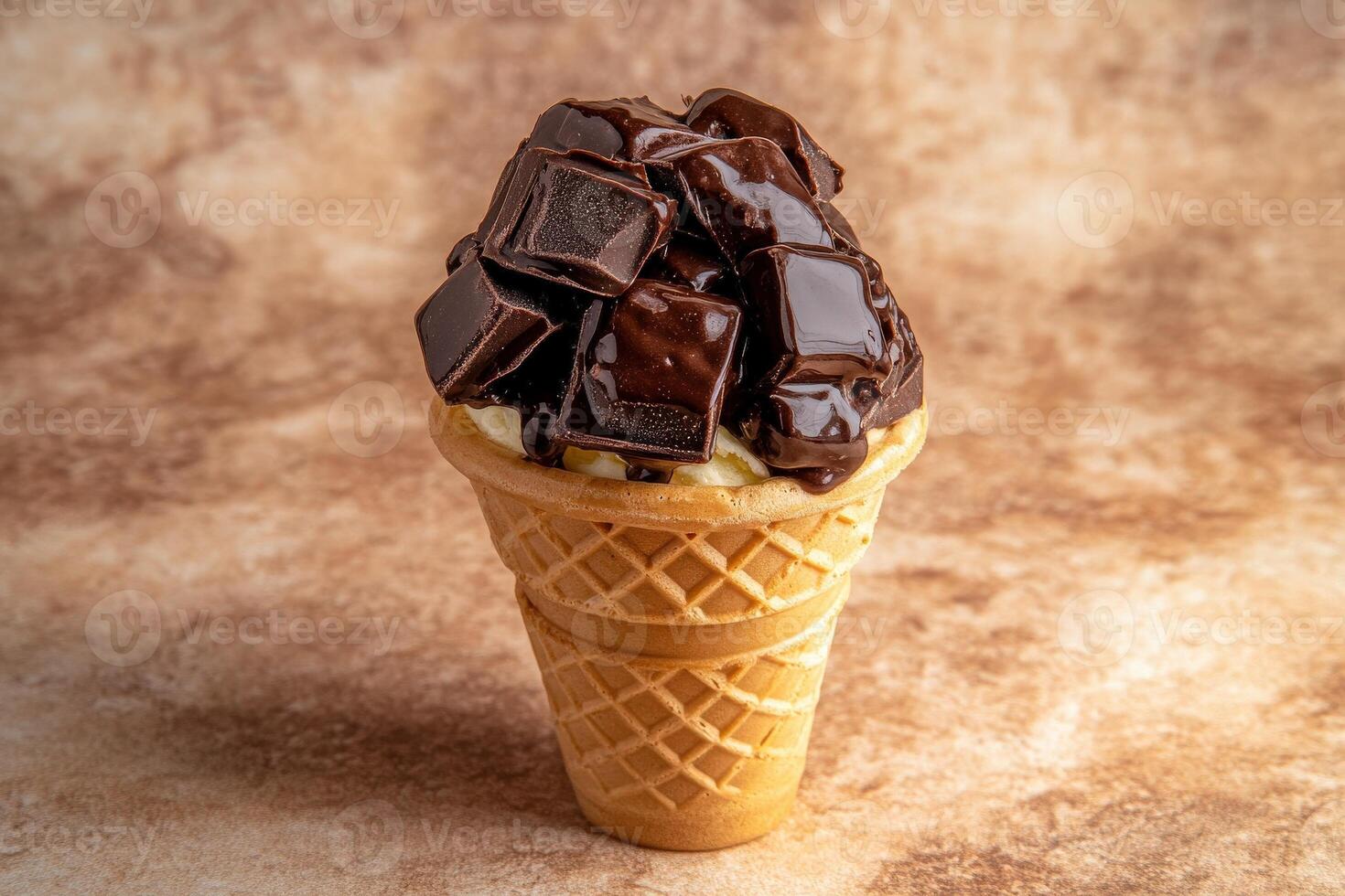 An isolated ice cream cone brims with rich chocolate chunks, set against a textured background. The sweet treat invites indulgence, blending creamy softness with decadent flavors. photo