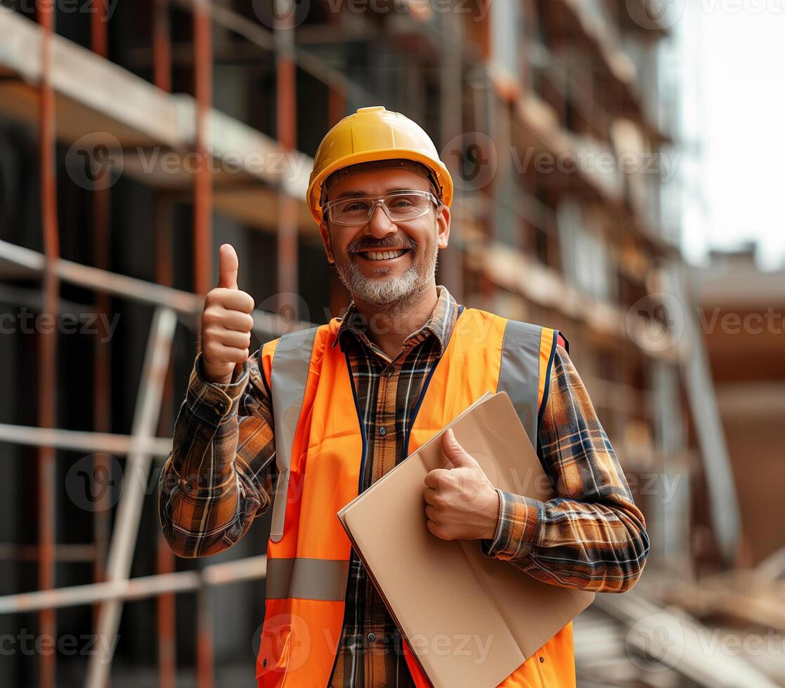 A construction worker in a hard hat is smiling and giving a thumbs up at the job site photo