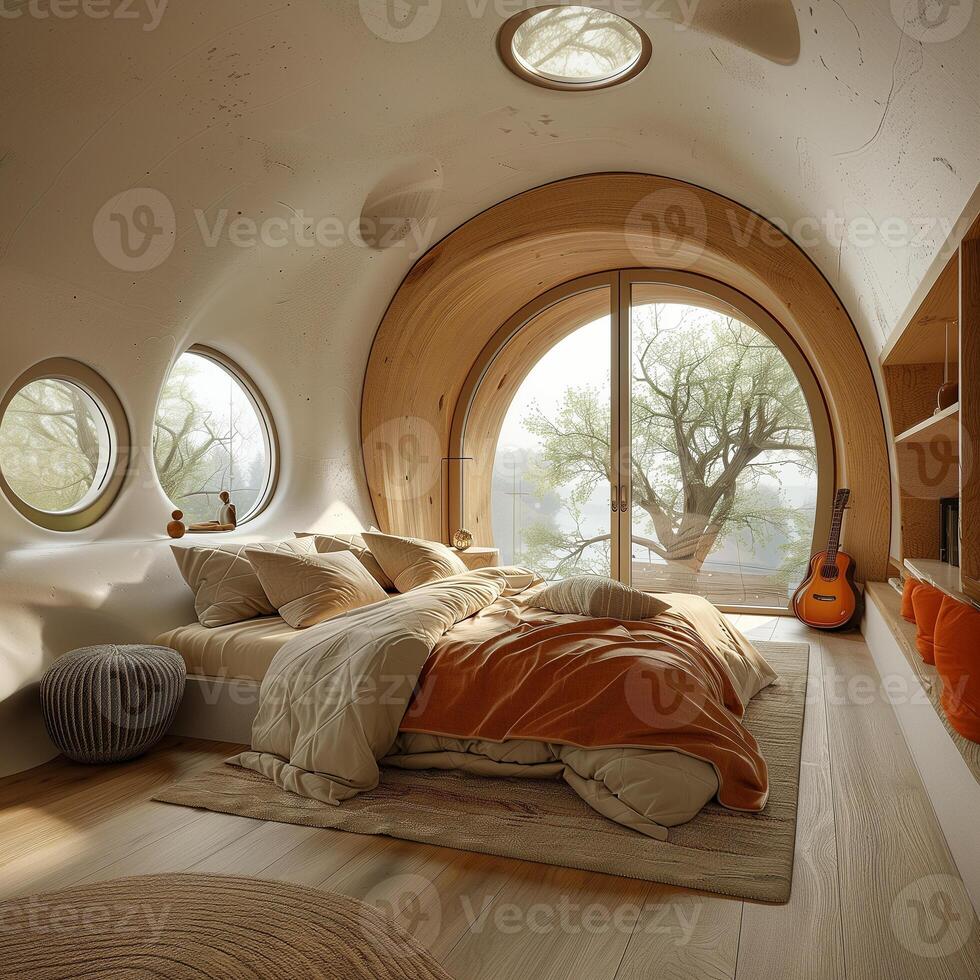 Cozy Modern Bedroom with Large Window and Nature View, wooden furnishings, lighting, scenic design photo