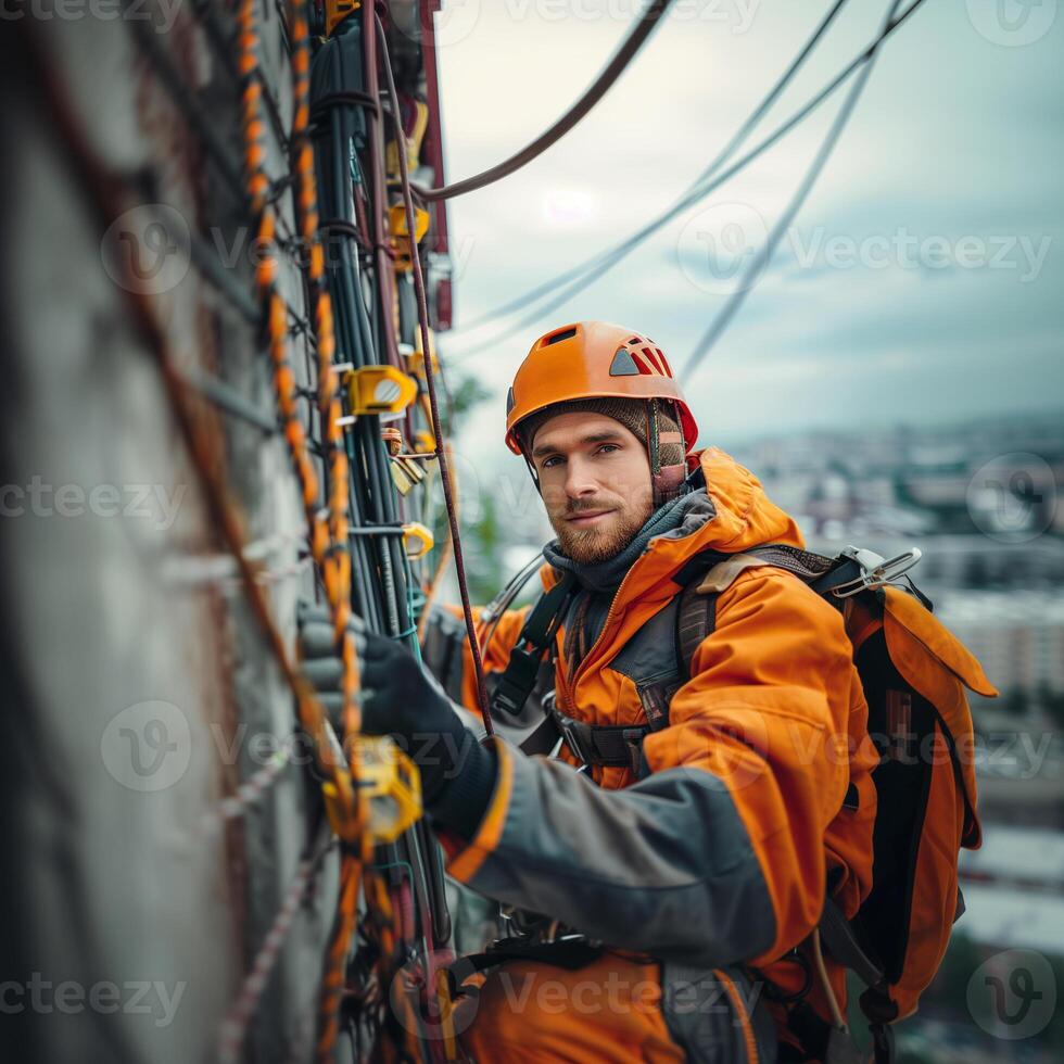 A construction worker is climbing a scaffold to perform maintenance on a tall building photo