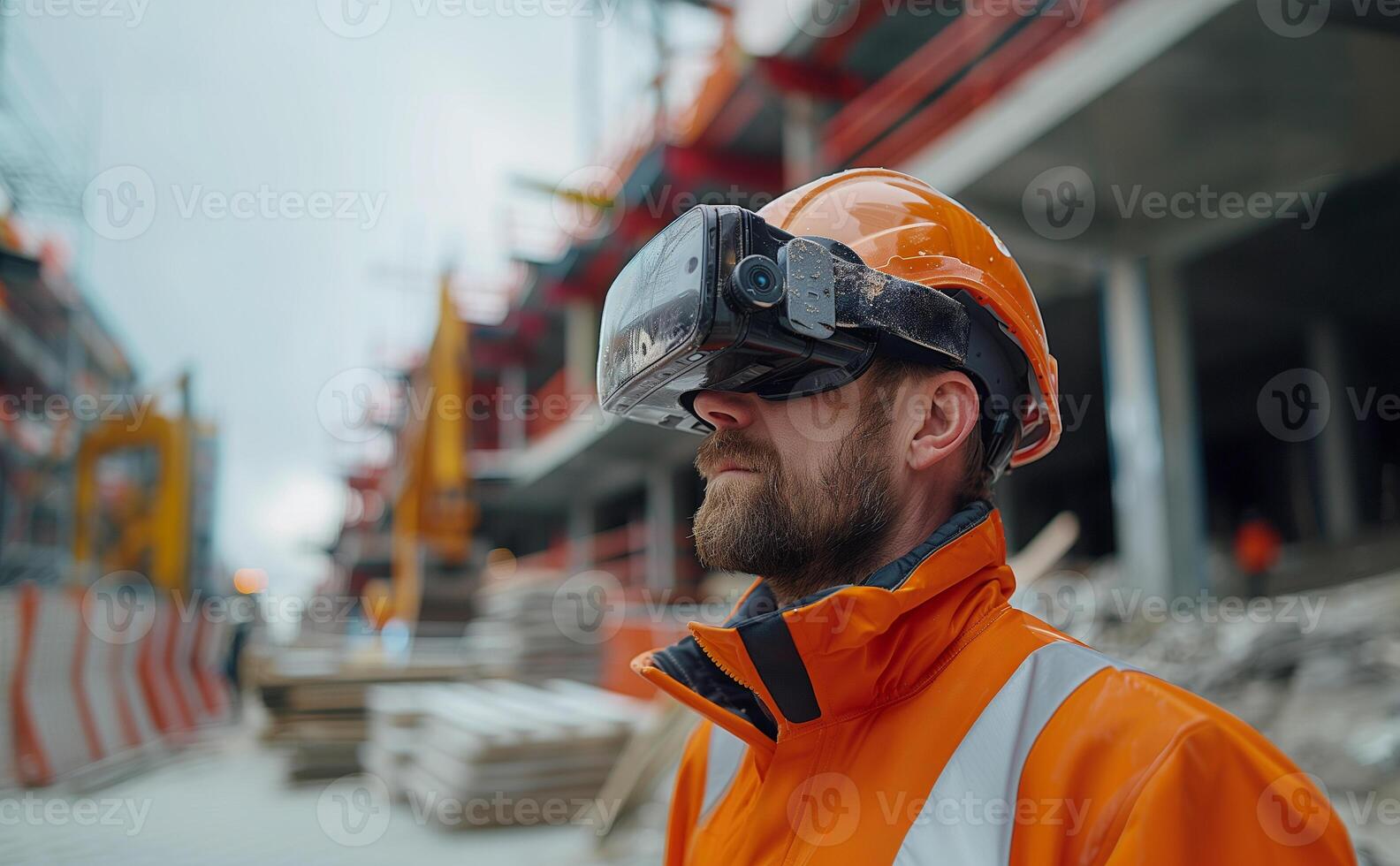 Construction worker using VR glasses at a site for modern engineering and innovation photo