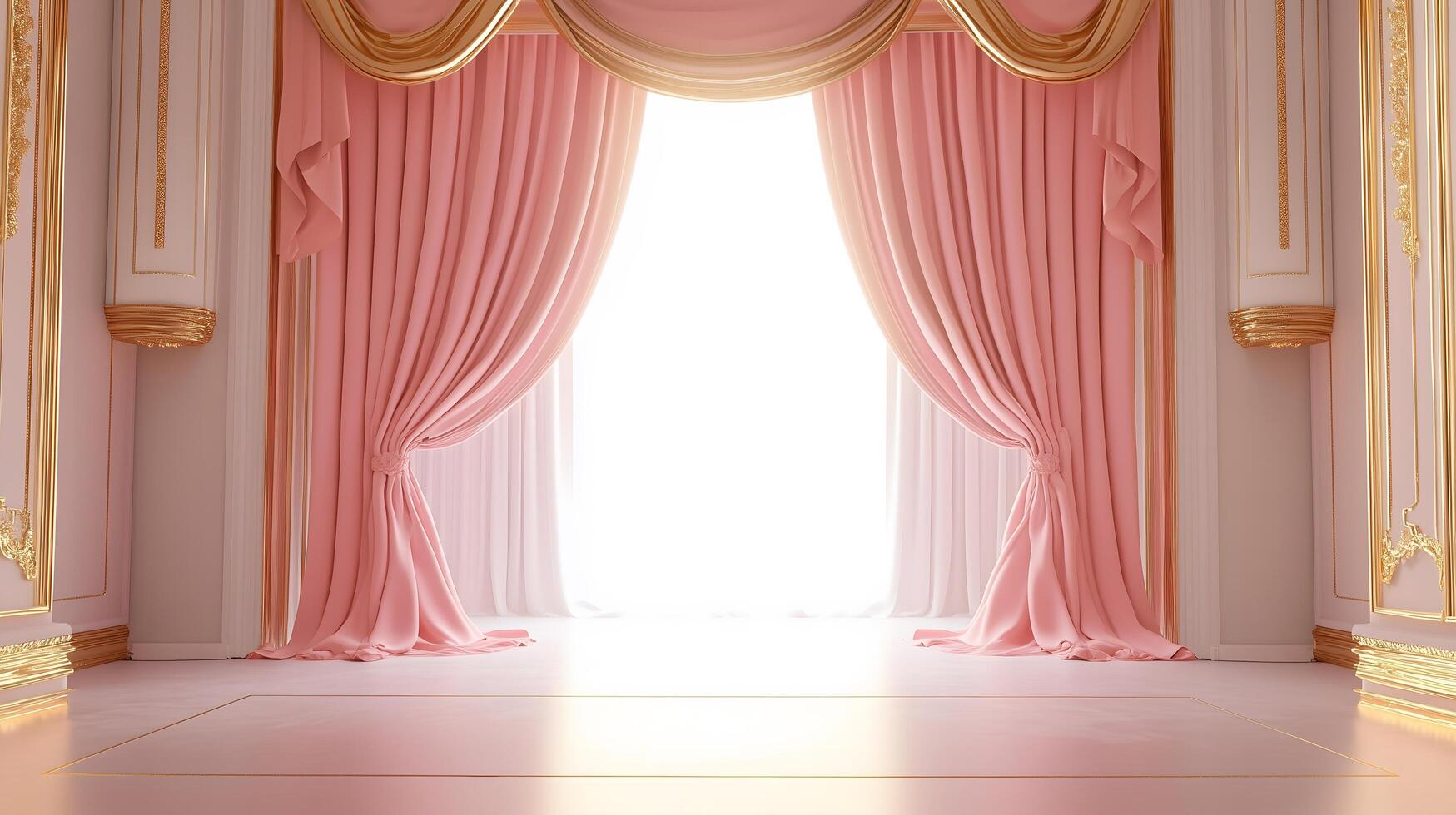Glamorous Unveiling Modern Stage with Luxurious Pink and Gold Curtains Adorned with Golden Accents and Bright White Background photo