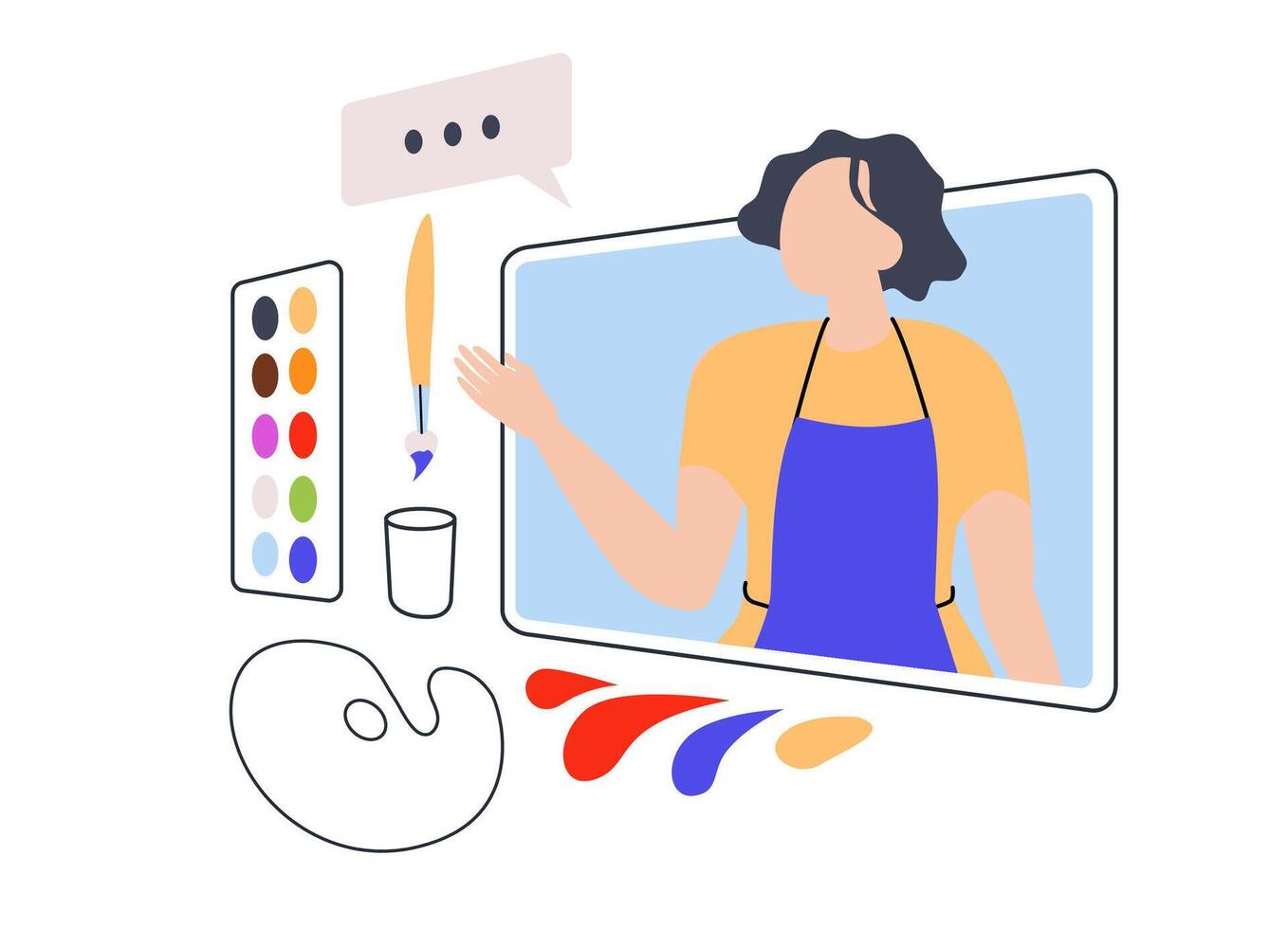 virtual art class with woman inside digital tablet frame, art instructor, with art supplies. for online education poster, banner, illustration design. vector