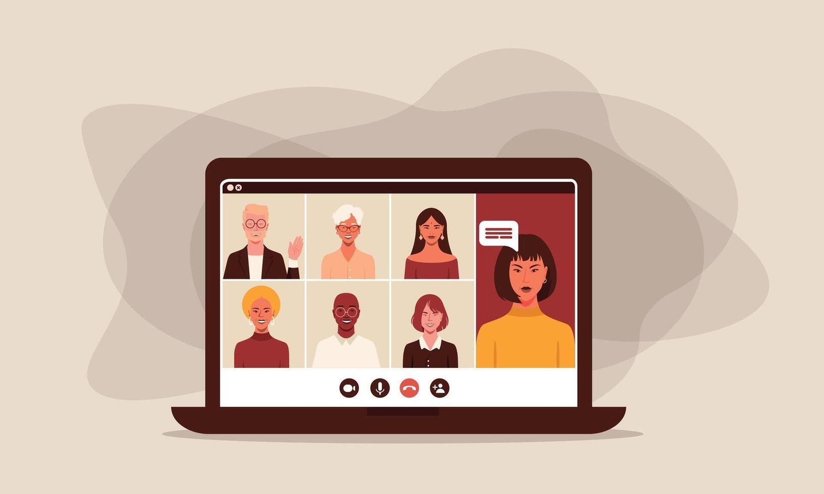 a laptop with people of ethnic diversity and gender in chat or webinar. vector