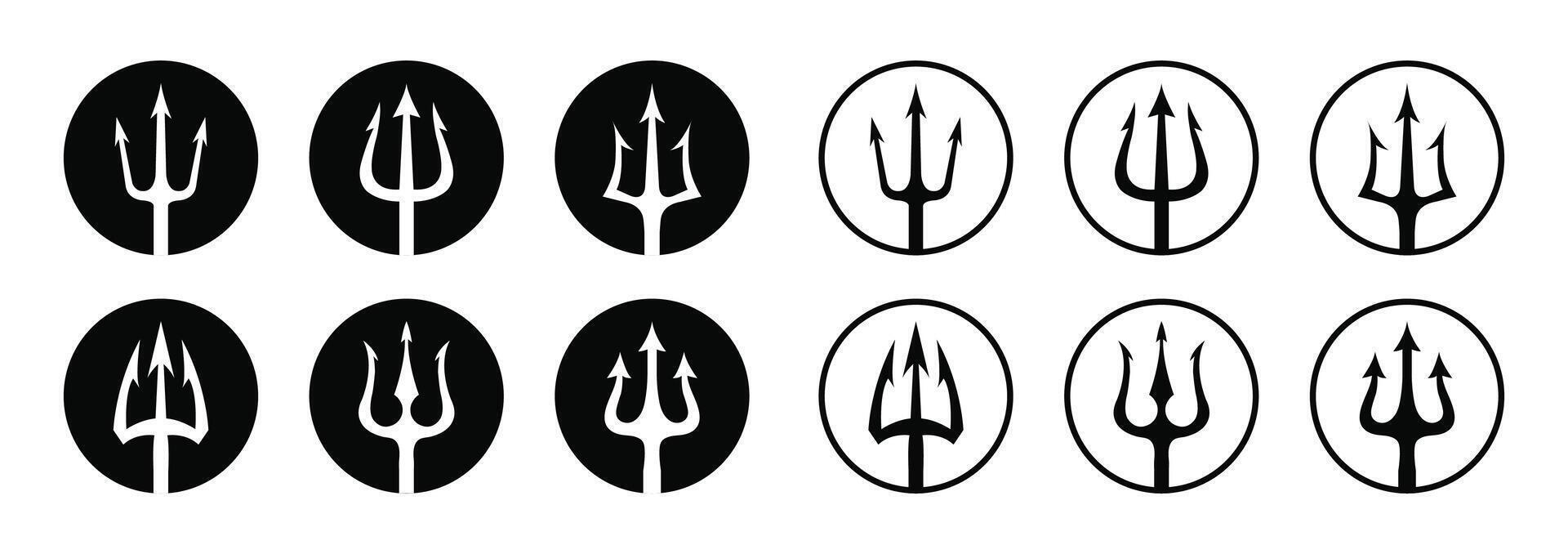 Trident icon set in circle shape flat and outline design isolated. black logo set of tridents in circle Triton Neptune Poseidon. Flat design. illustration. vector