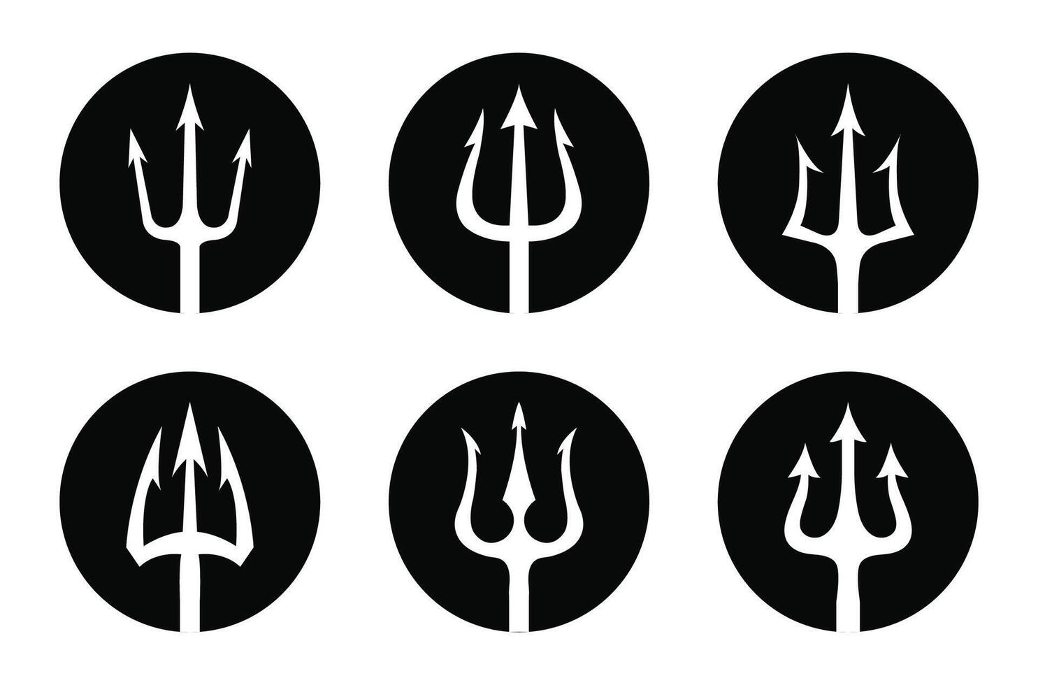Trident icon set in black circle isolated on white background. black logo set of trident in circle Triton, Neptune, Poseidon. illustration. vector