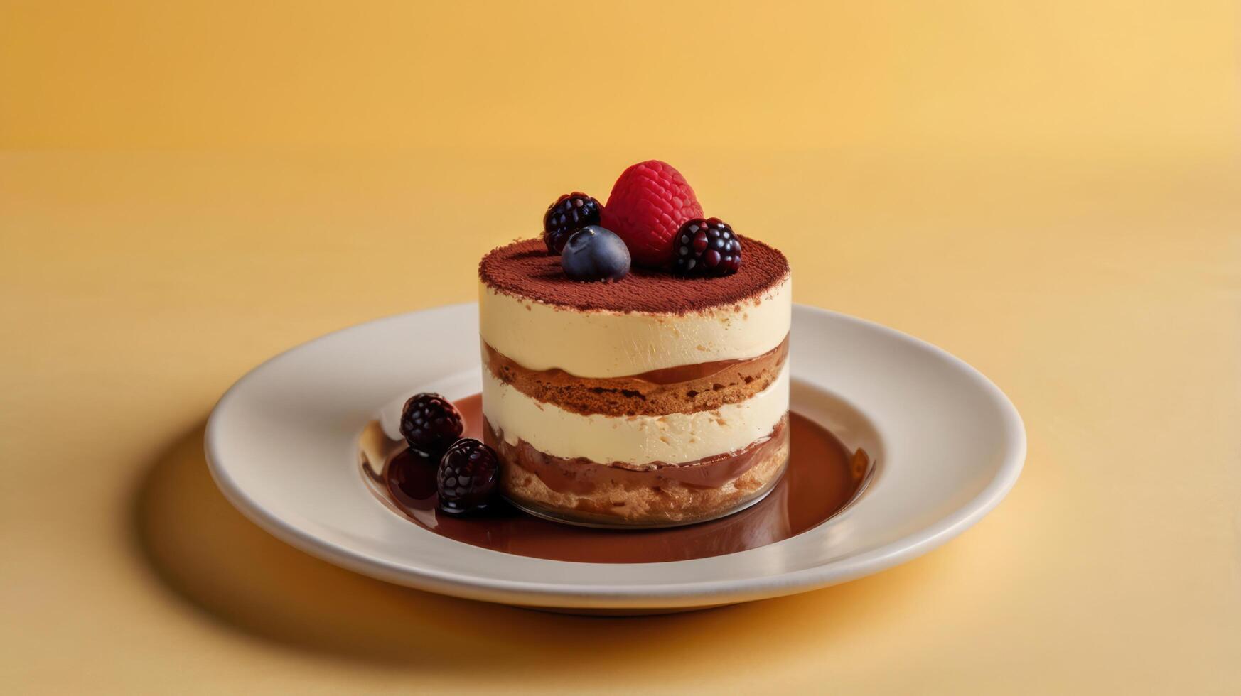 Decadent Italian Tiramisu Dessert with Layers of Coffee and Mascarpone on a Yellow Background. photo