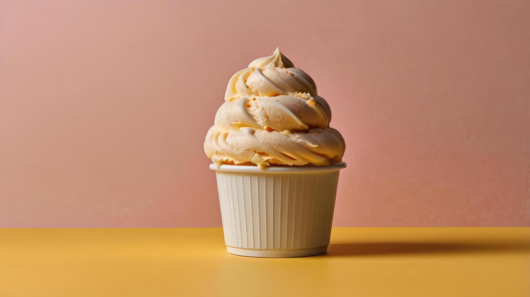 Creamy Italian Gelato Ice Cream on Yellow Background with Blank Space for Text. photo