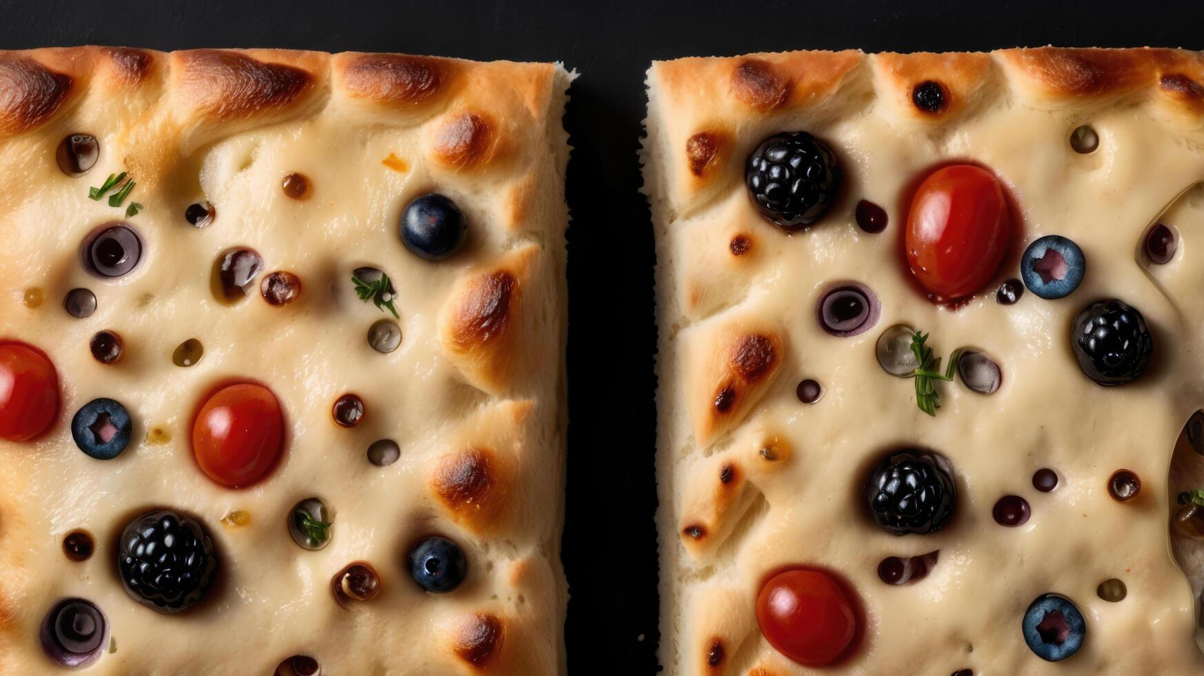 Delicious Focaccia Italian Bread on Black Background with Blank Space for Copy. photo