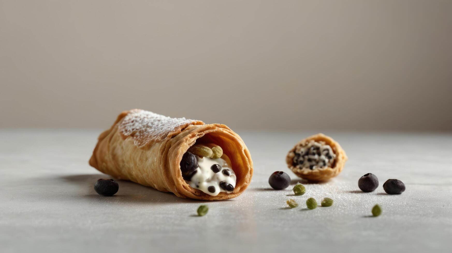 Crispy Italian Cannoli Pastry with Creamy Ricotta Filling on Blank Background. photo