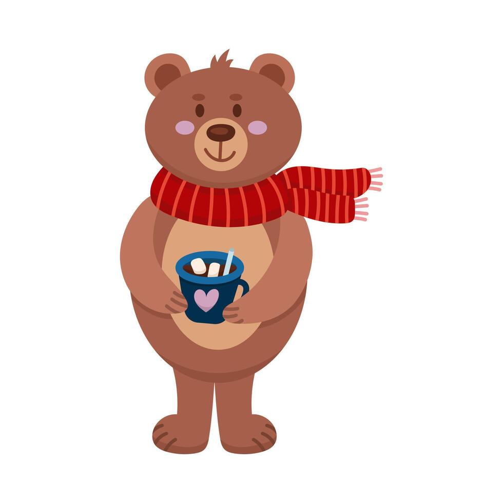 Cute winter bear in scarf and cocoa illustration in simple style. Children's illustration with animal Christmas vector