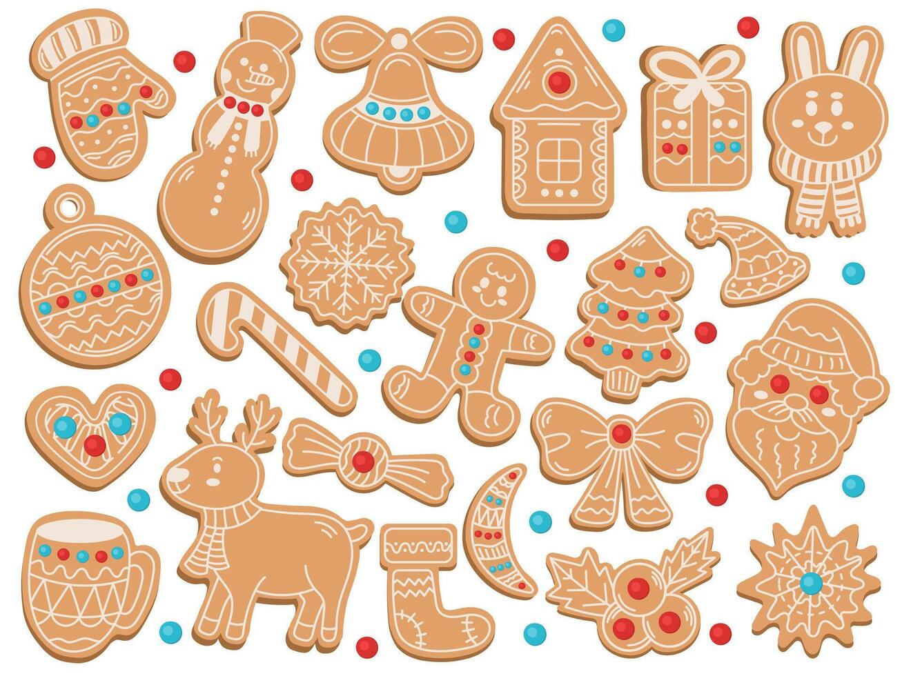 Cute Christmas gingerbread cookies of different shapes big set in flat style on white background, illustration for new year sweets food vector