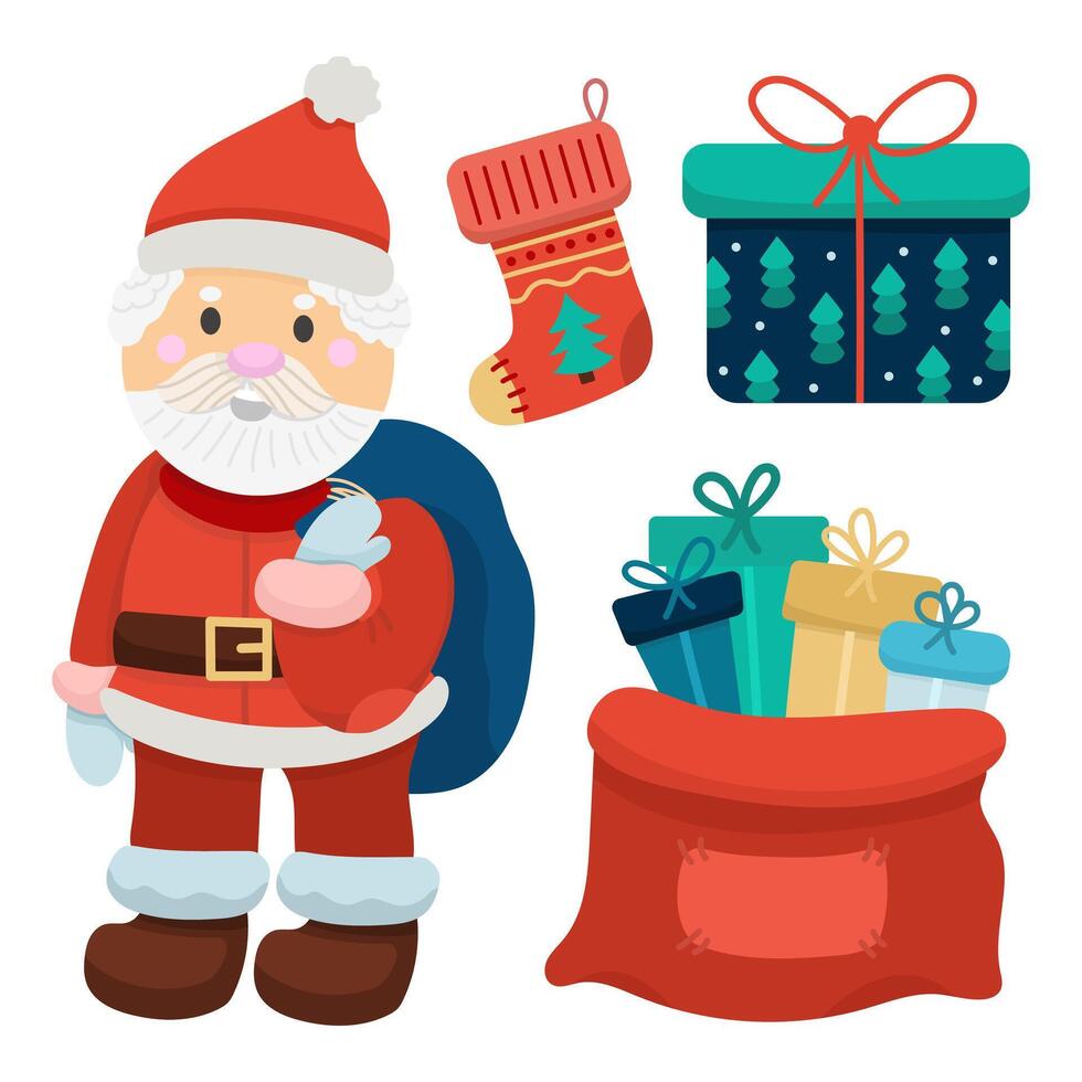 Flat style illustration with Santa Claus, a bag of gifts and a sock for a surprise for children. vector