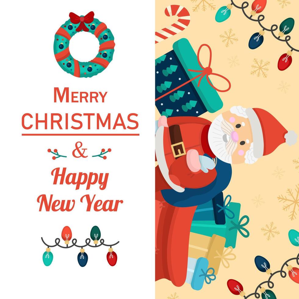 Christmas card or New Year card with cute Santa Claus with text. Cute design vector