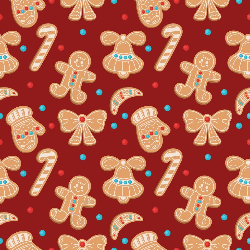 Seamless pattern with Christmas gingerbread cookies of different shapes in flat style on a red background vector
