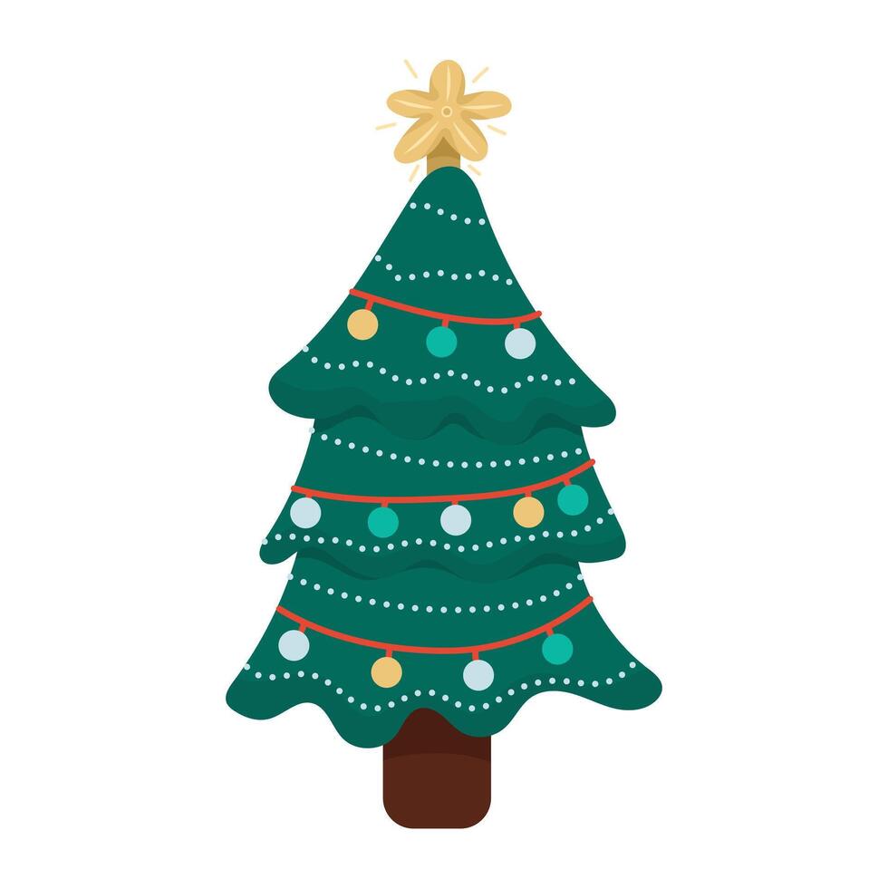 Cute Christmas tree illustration with decorative toys and garland vector