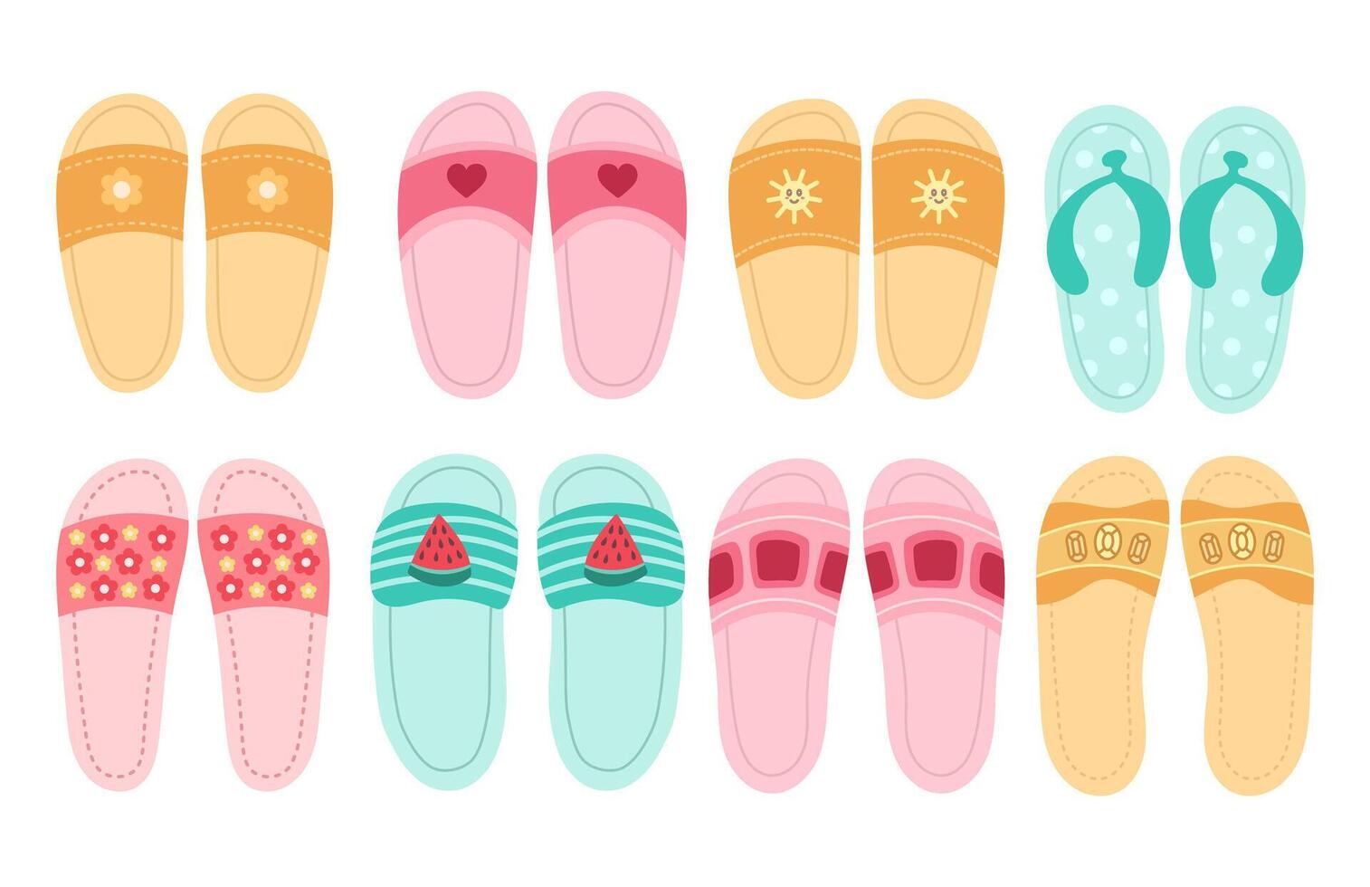 ASummer rubber slippers or flip flops for the beach. Summer bright flat illustration of different shoes for summer vector
