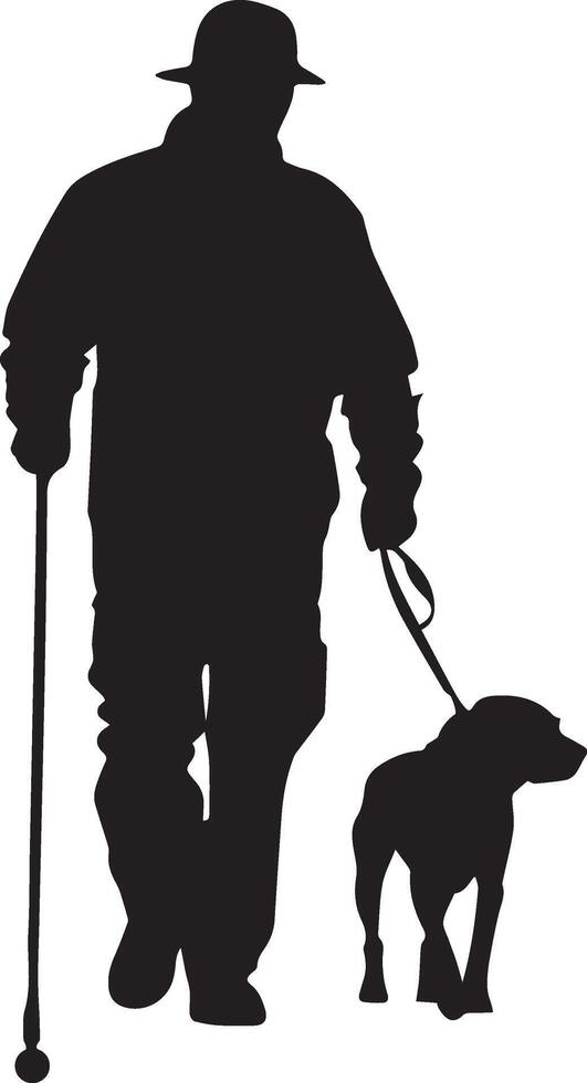 Black Silhouette of Blind Man Walking with Cane and Guide Dog Icon vector