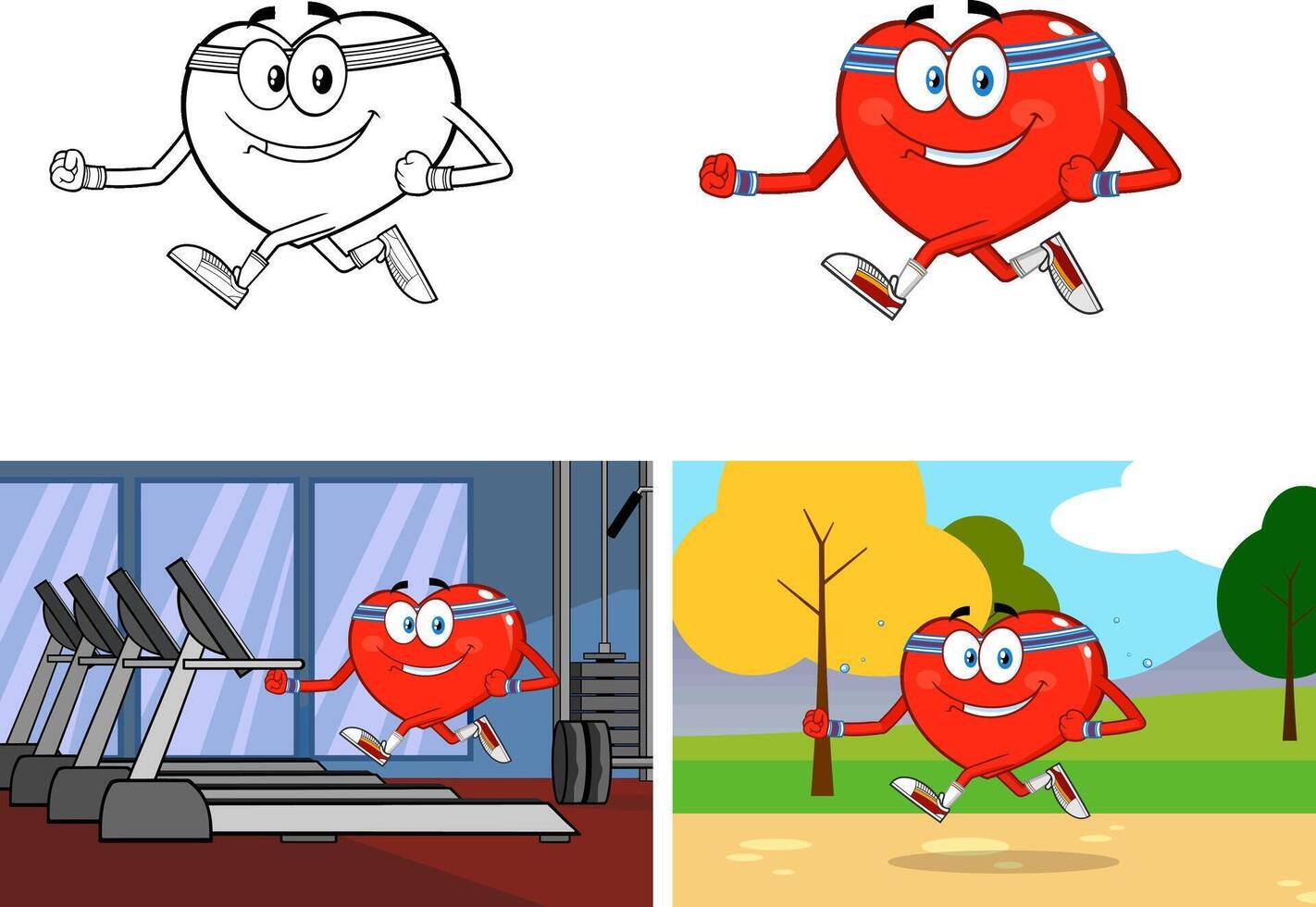 Healthy Heart Cartoon Character Jogging. Collection Set vector