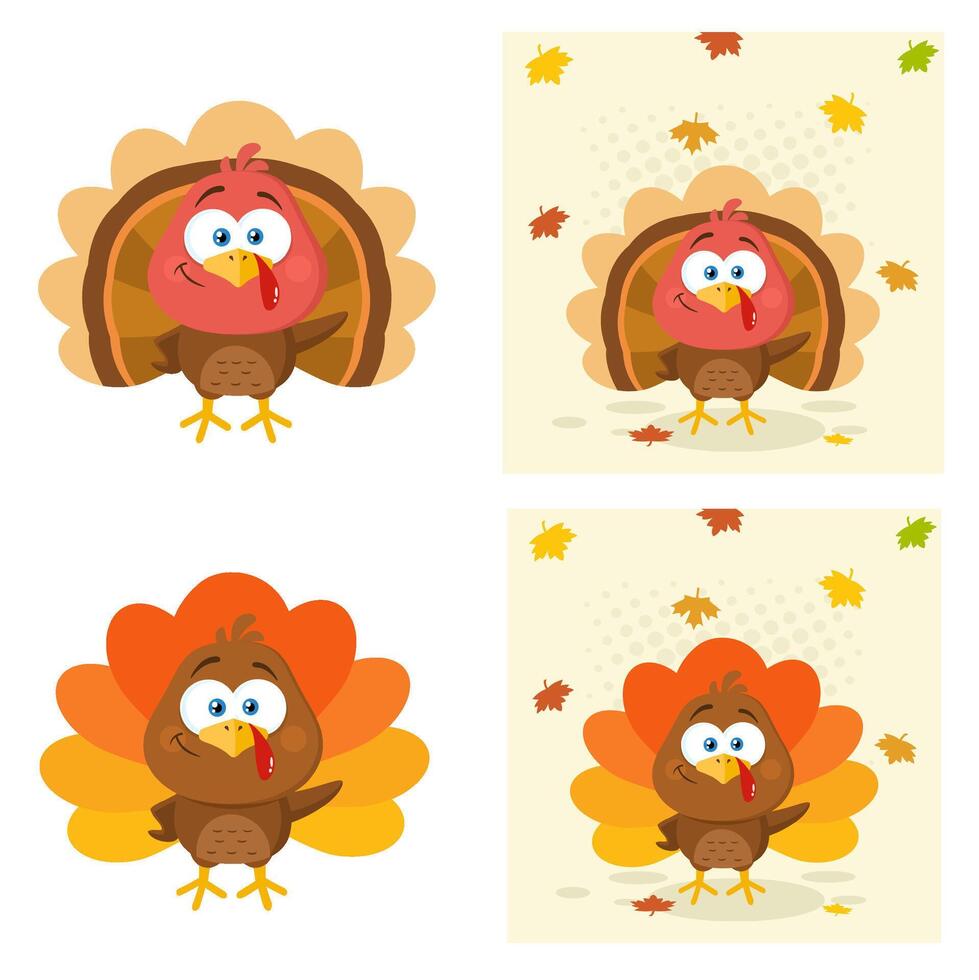 Cute Turkey Bird Cartoon Character. Collection Set vector