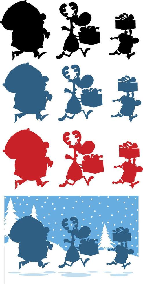Santa Claus, Reindeer, And Elf Running In Christmas Night Silhouettes. Collection Set vector