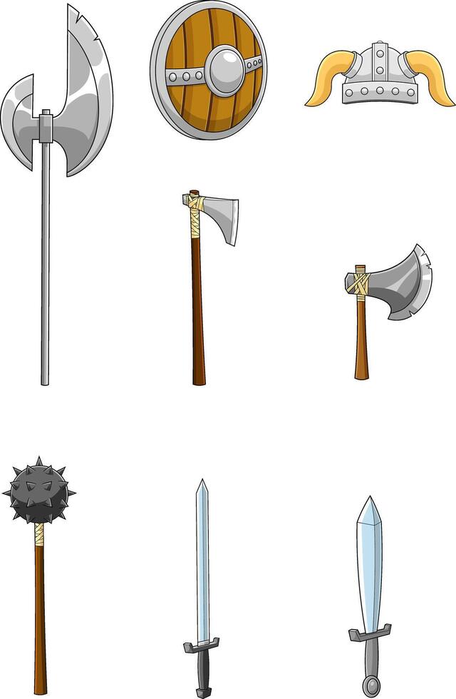 Cartoon Medieval Weapons. Hand Drawn Collection Set vector