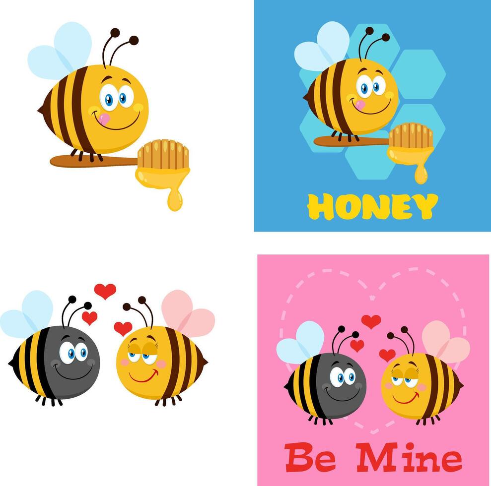 Bee Cartoon Characters. Flat Collection Set vector