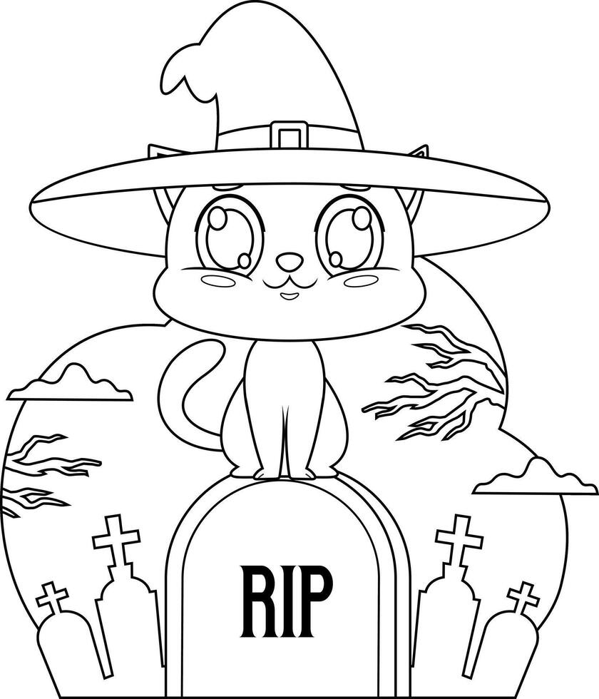 Outlined Cute Halloween Witch Cat Cartoon Character Sitting On Tombstone In A Graveyard vector